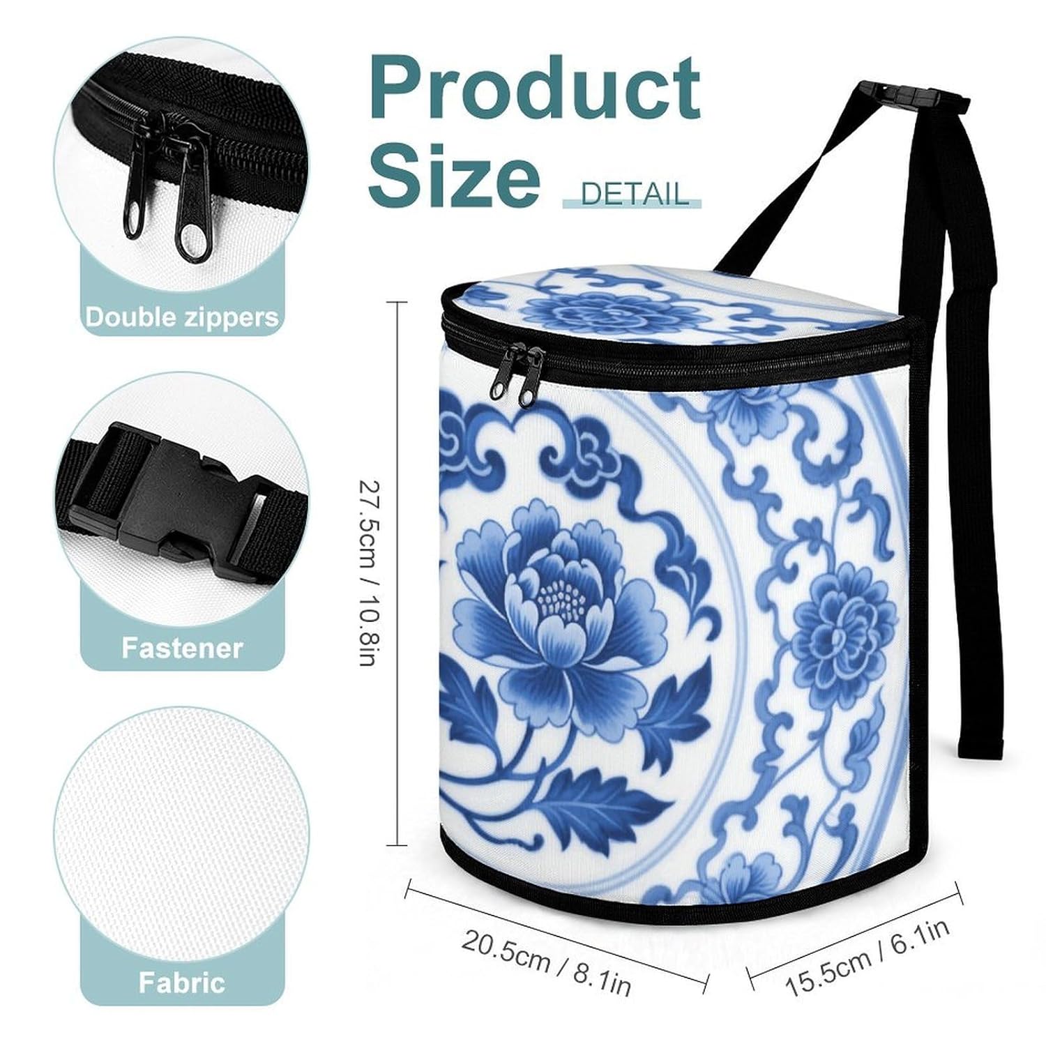 MUSM Leakproof Car Trash Can 2.5 Gallon, Durable Automotive Garbage Bag with Waterproof Liner, Blue White Porcelain Trash Bag for Car, Truck, RV & Bathroom
