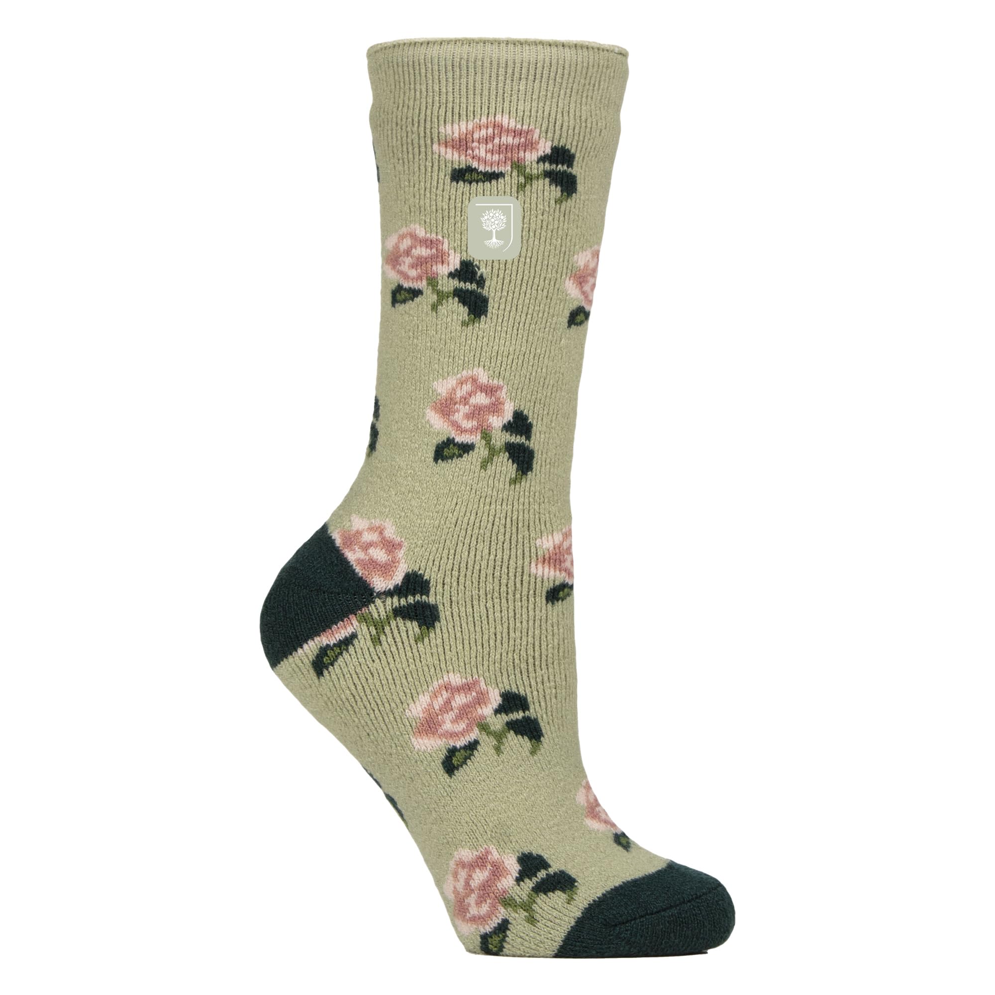 HEAT HOLDERS Womens Thermal Socks Lite | Thin Floral Patterned Fleece Lined Socks 4-7 UK (4-8, Roses/Sage)