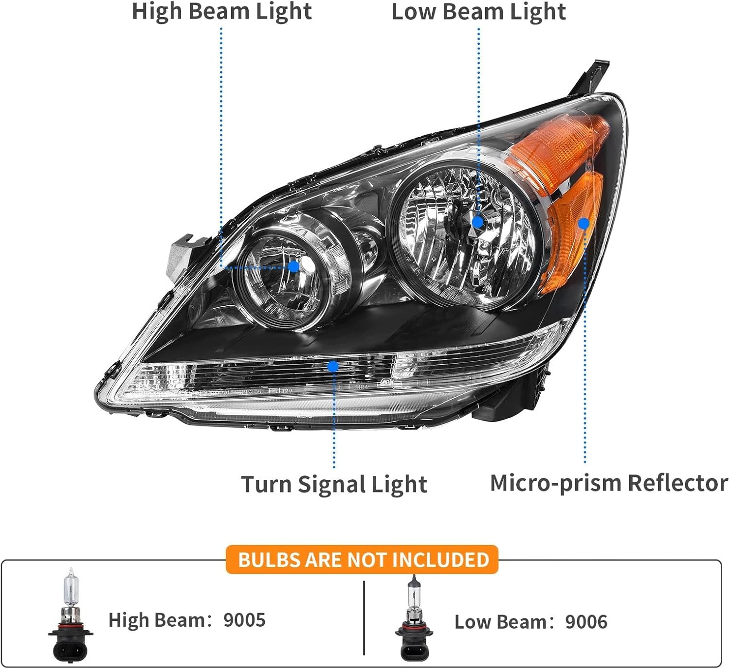 Fits for 2008-2010 Honda Odyssey Headlights Assembly 2008 2009 2010 Replacement Driver Passenger Side Black Housing Amber Relector HO2502136 HO2503136