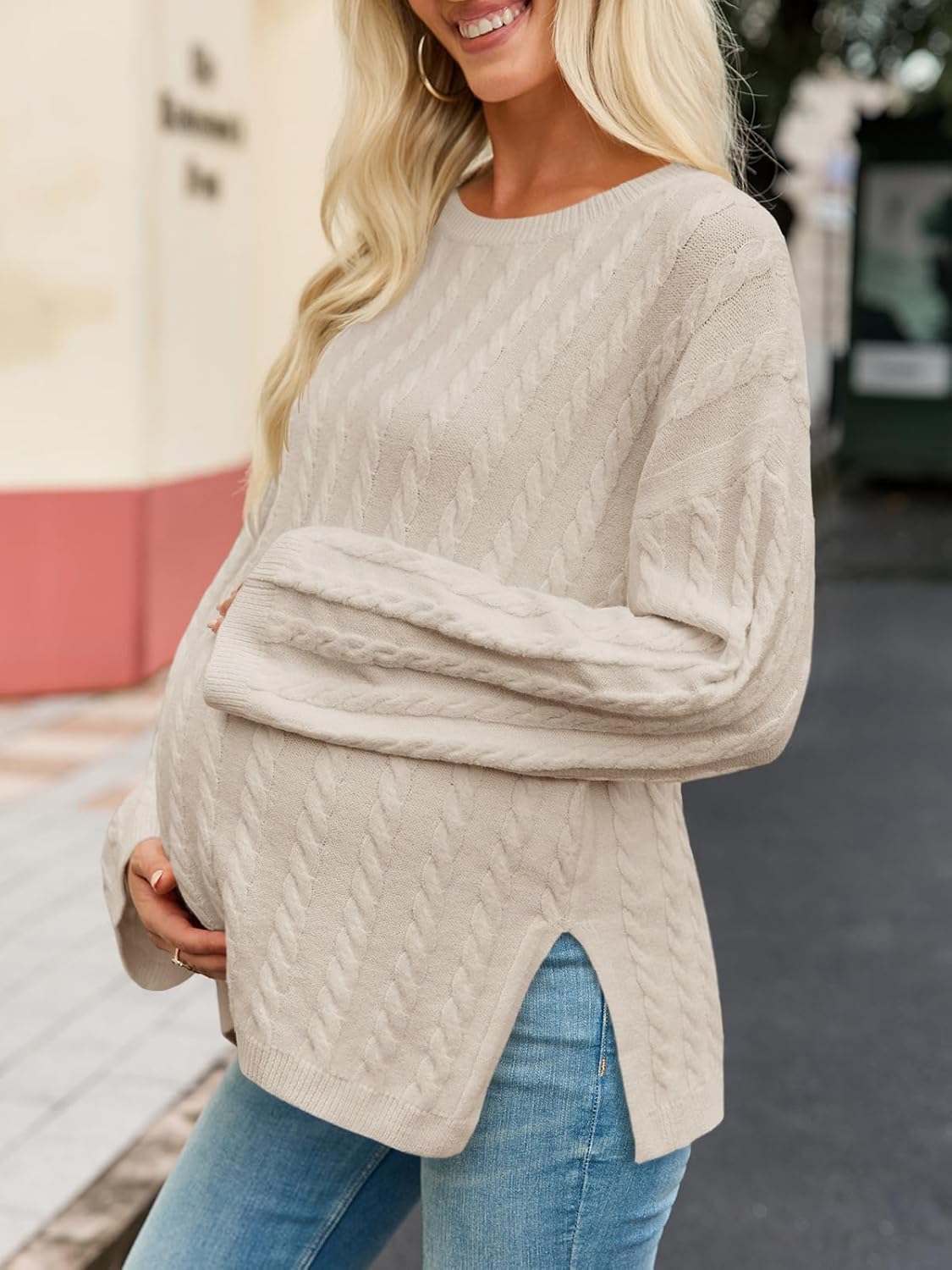 Saodimallsu Womens Maternity Sweater Tops Casual Cable Knit Crewneck Long Sleeve Split Fall Pullover Pregnancy Clothes - Image 3