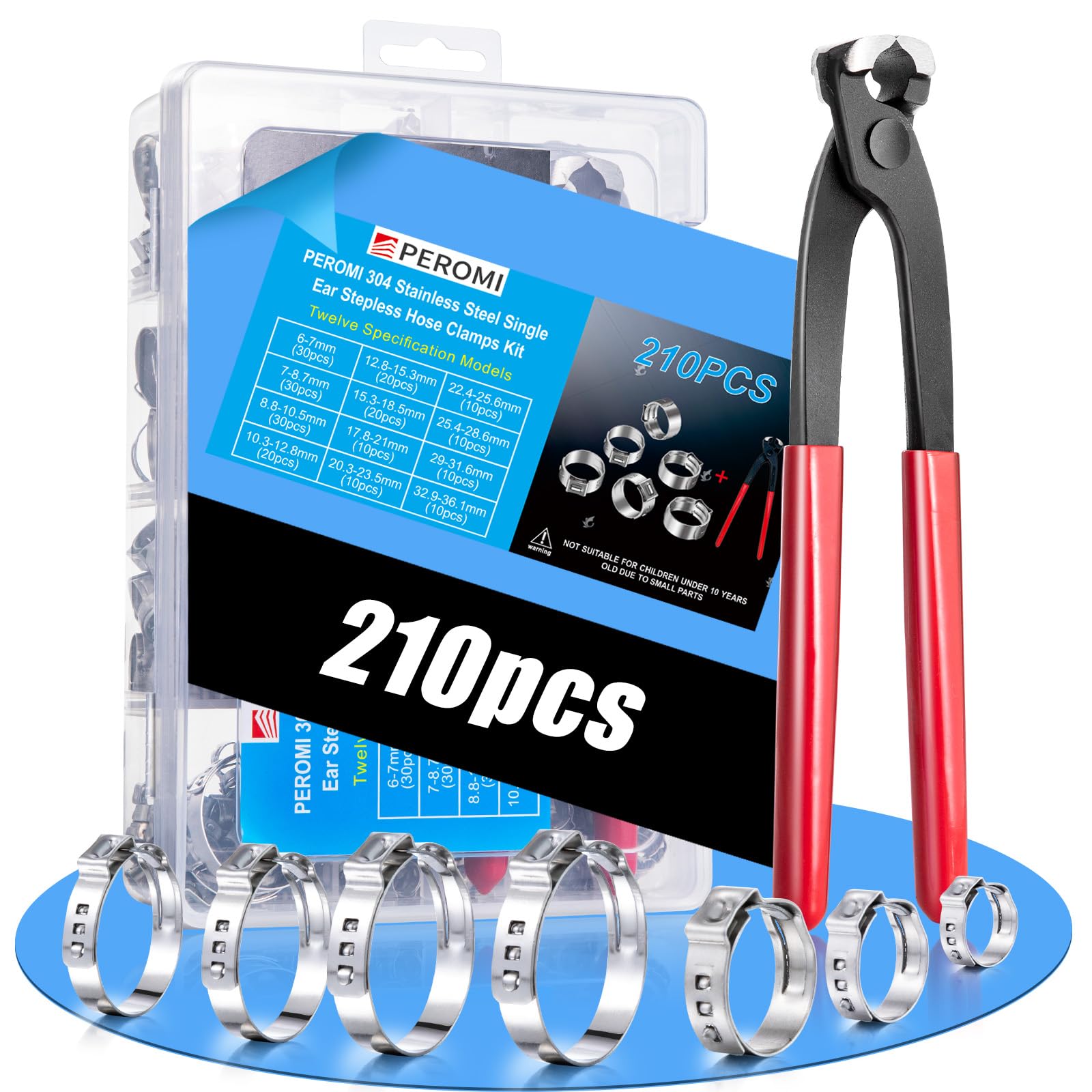 Upgrade Your Plumbing with 210pcs Single Ear Heavy Duty Hose Clamp Kit with Pincers Crimper Tool,12 Size 6-36.1mm 304 Stianless Steel Cinch Clamp Rings Assortment Kit for PEX Tube Fitting connections