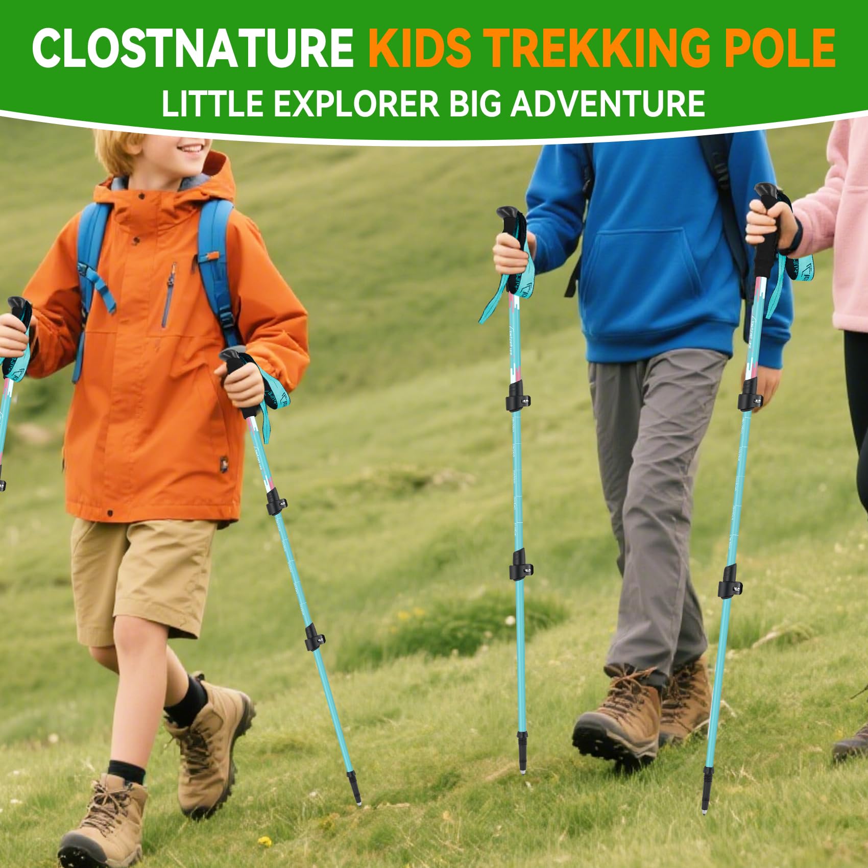 Clostnature Bâtons de randonnée pour enfants – Lot de 2 bâtons de marche réglables en aluminium léger pour enfants, garçons, filles, système de verrouillage rapide, pour camping, alpinisme, randonnée