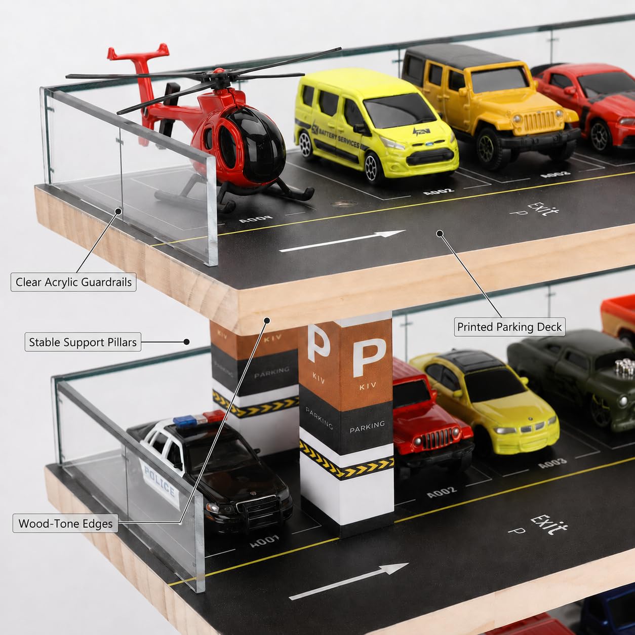 Saichotoy Garage per auto giocattolo, contenitore per Hot Wheels in scala 1/64, scatola di fiammiferi in pressofusione, espositore autoportante con 4 livelli, 24 posti per massimo 40 auto (auto non