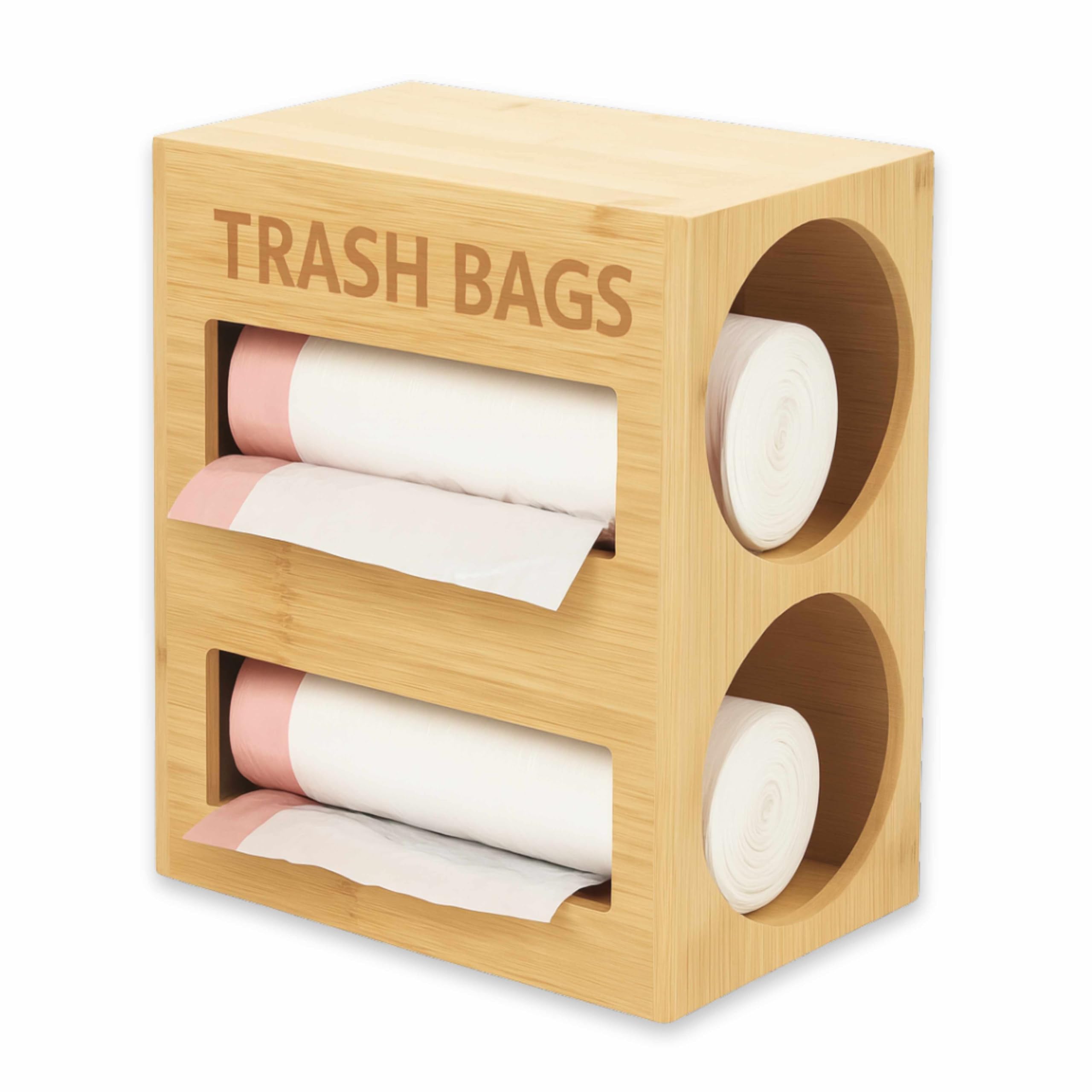 Divchi Natural (2 Tier) Bamboo Trash Bag Holder Dispenser Garbage Bag Roll Storage Container For Kitchen Cabinet Countertop & Under-Sink | Waste Bag Organiser | Carrier Bag Organizer (Natural, 2 Tier)