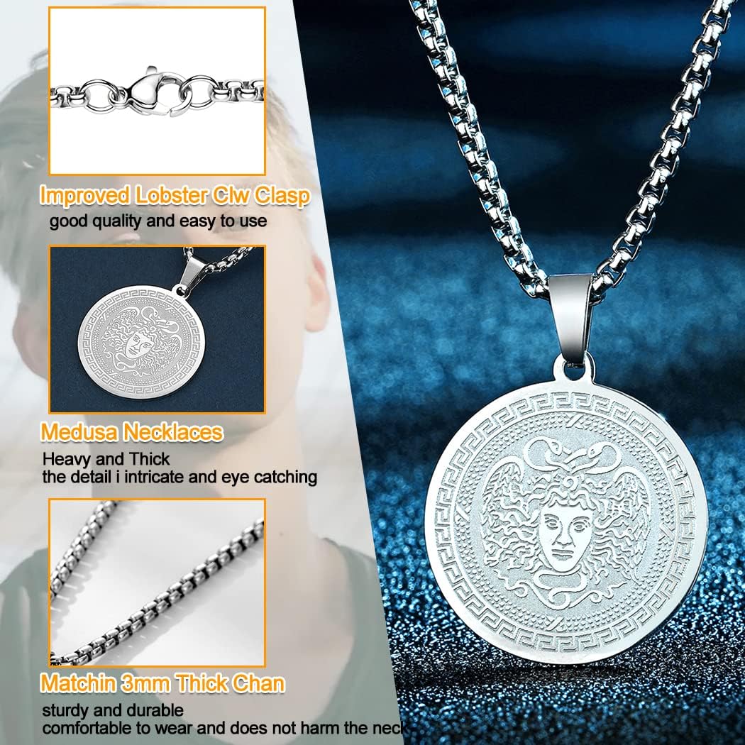 LUTAKU Mens Jewellery Gorgon Medusa Gold Necklace for Men Boys Unisex Ancient Greek Mythology Pendants Pagan Charm Hip Hop Chains for Men (265S) - Image 4