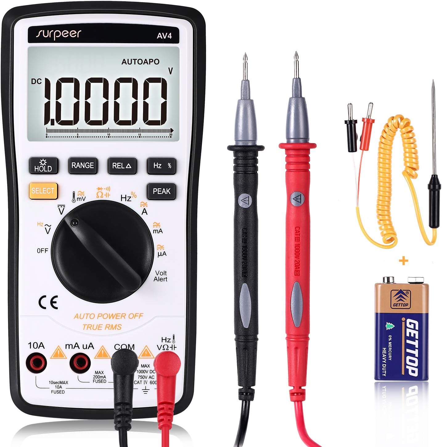Digital Multimeter, SURPEER 20000 Counts Multi Capacitor Tester True RMS Auto Range Voltmeter - DC AC Voltage Current Ohm Resistance Diode Temperature Continuity Frequency Electric Field Testing