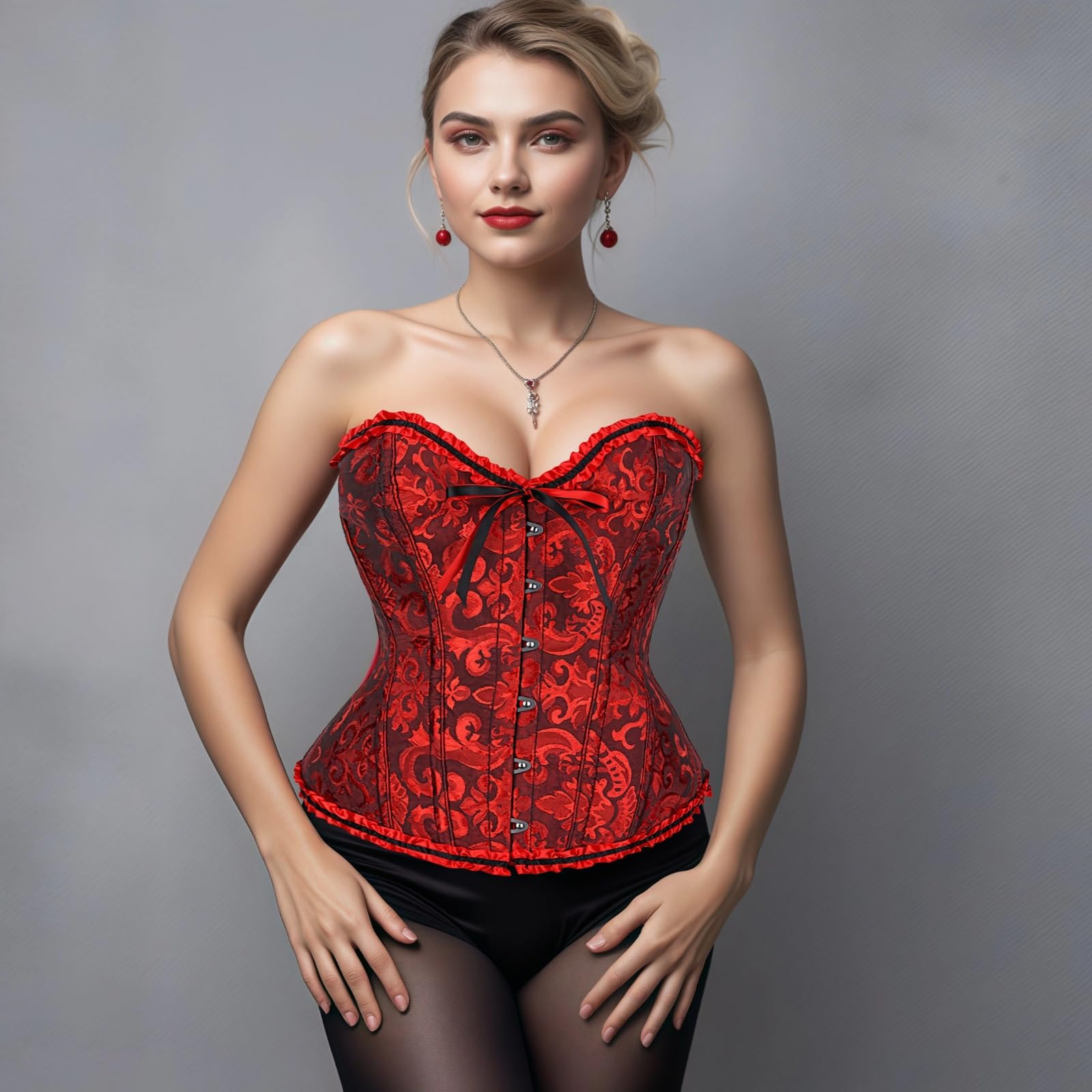 Corsetto elegante da donna con finiture in pizzo, design con chiusura frontale, 4XL, bustier rosso shapewear per modellare la vita