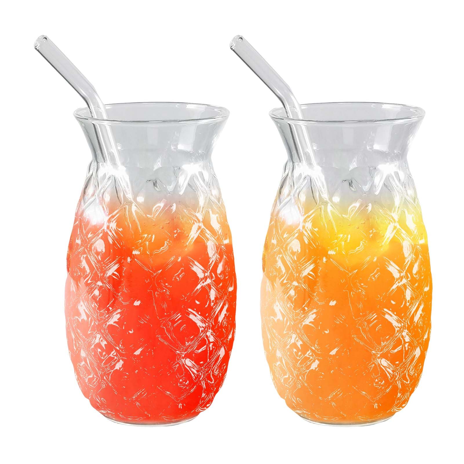 2 Pcs Retro Ribbed Water Drinking Glasses with Glass Straws Pineapple Clear Glass Ice Coffee Cups 480ml for Coocktail Whiskey Beer Water Juice Milk