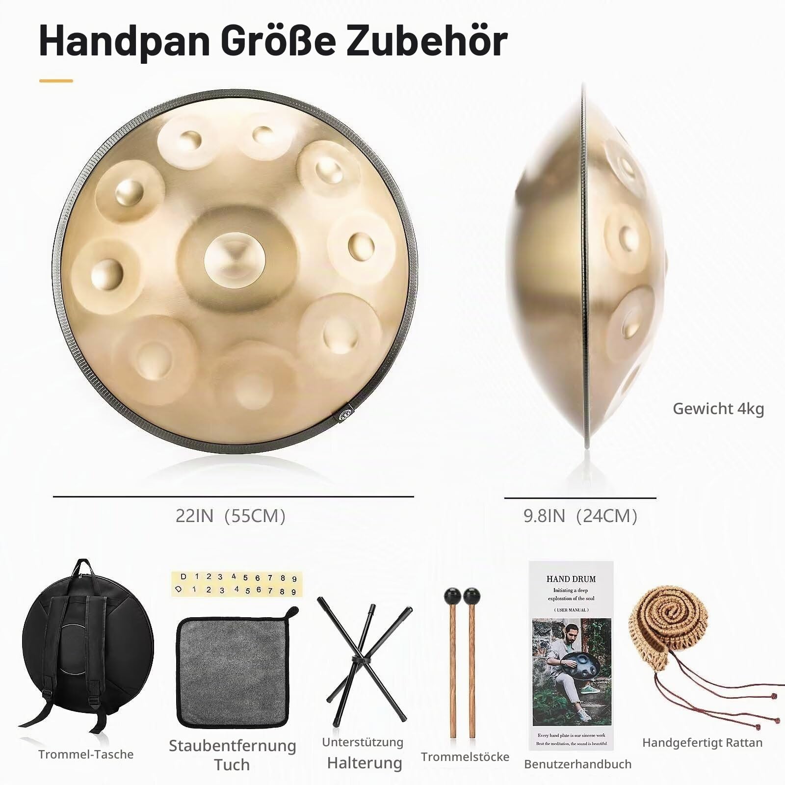 Handpan 440 Hz, 10 Töne 22 Zoll Steel Instrument 'Gold Performer' in D Minor - Mit Weicher Tasche, Schlägeln, Ständer Für Anfänger, Profis, Musiktherapie