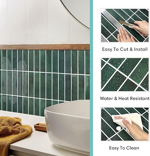 Miniatura 3 de 10 azulejos de despegar y pegar, 11.8 x 11.8 pulgadas, azulejos de pared 3D de PVC mate vintage para cocina, baño, inquilinos, azulejos de pared