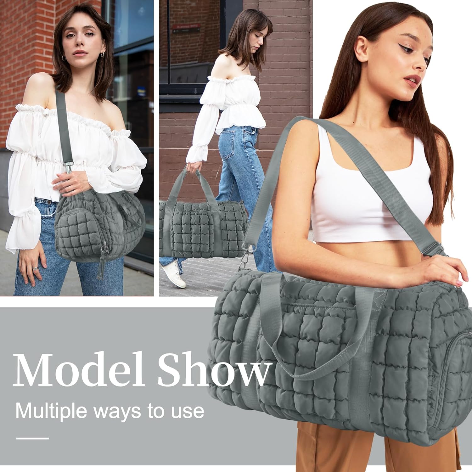 Quilted Travel Duffle Bag Gym Bag for Women,Large Puffer Duffle Weekender Bag with Compartment,Workout Overnight Carry on Organizer Bag Duffle Bag for Airplane Travel(Grey) - Image 4