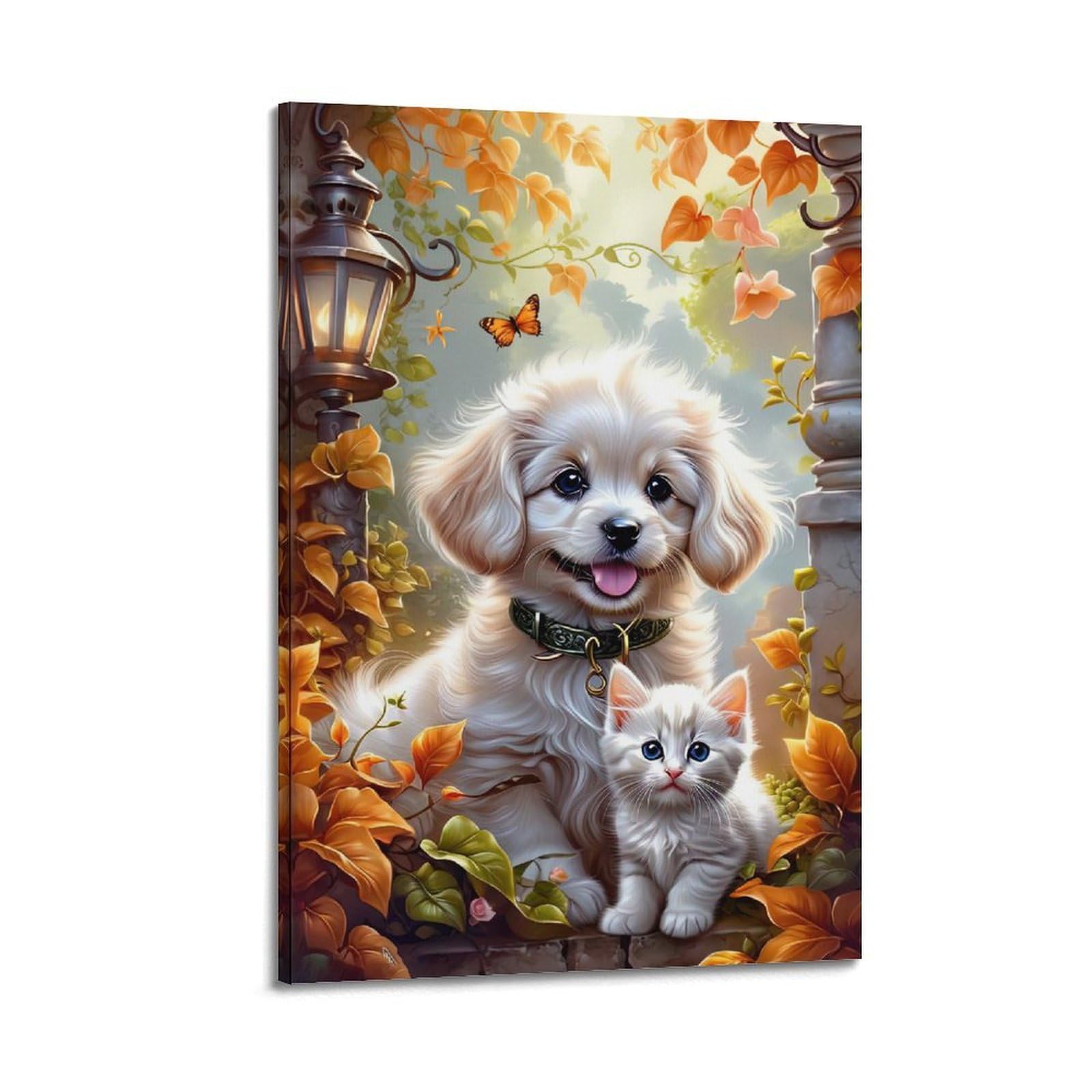 ZSZWHJ Animal Artwork Poster Cute Puppy And Kitten Poster Decorative Painting Canvas Wall Posters And Art Picture Print Modern Family Bedroom Decor Posters 24x36inch(60x90cm)