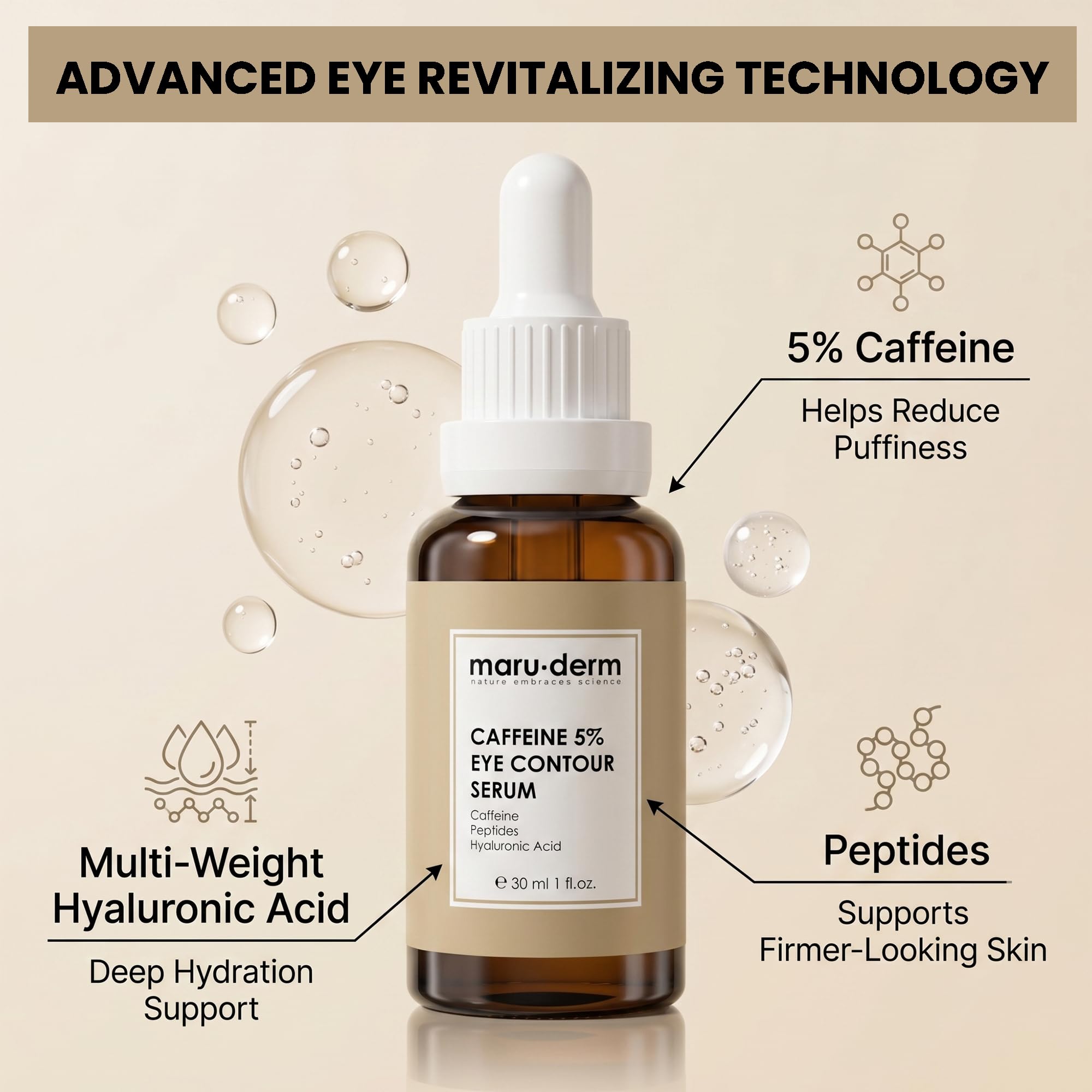 Siero Contorno Occhi alla Caffeina 5% e Peptidi | Aiuta a Ridurre Occhiaie e Borse | Offre un'Idratazione Duratura | Delicato sulla Pelle Delicata del Contorno Occhi, 30 ML