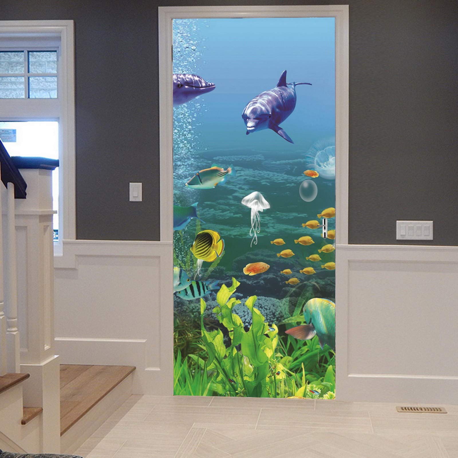 A.Monamour 3D Door Stickers for Interior Doors Underwater Whale Jellyfish Fish Corals 3D Sea World Vinyl Waterproof Self Adhesive Door Mural Decals for Bedroom Office Bathroom 83 x 204 cm
