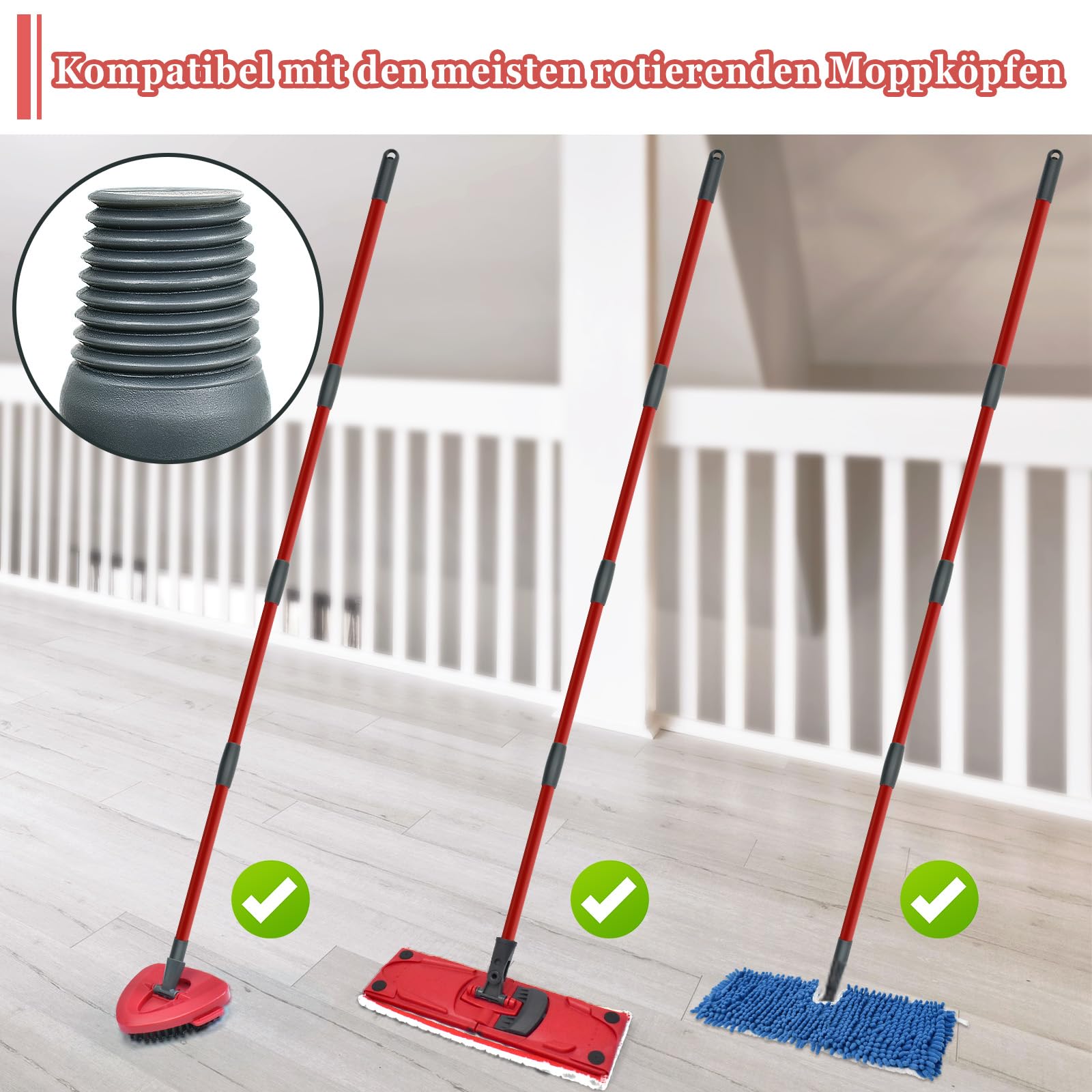 Wischmopp Spin-Mopp-Stiel Ersatz für Turbo Spin/Turbo Smart/EasyWring-Kopf, Verstellbarer Stiel, 4-teiliger Mopp-Ersatzgriff mit Deutschem Gewinde