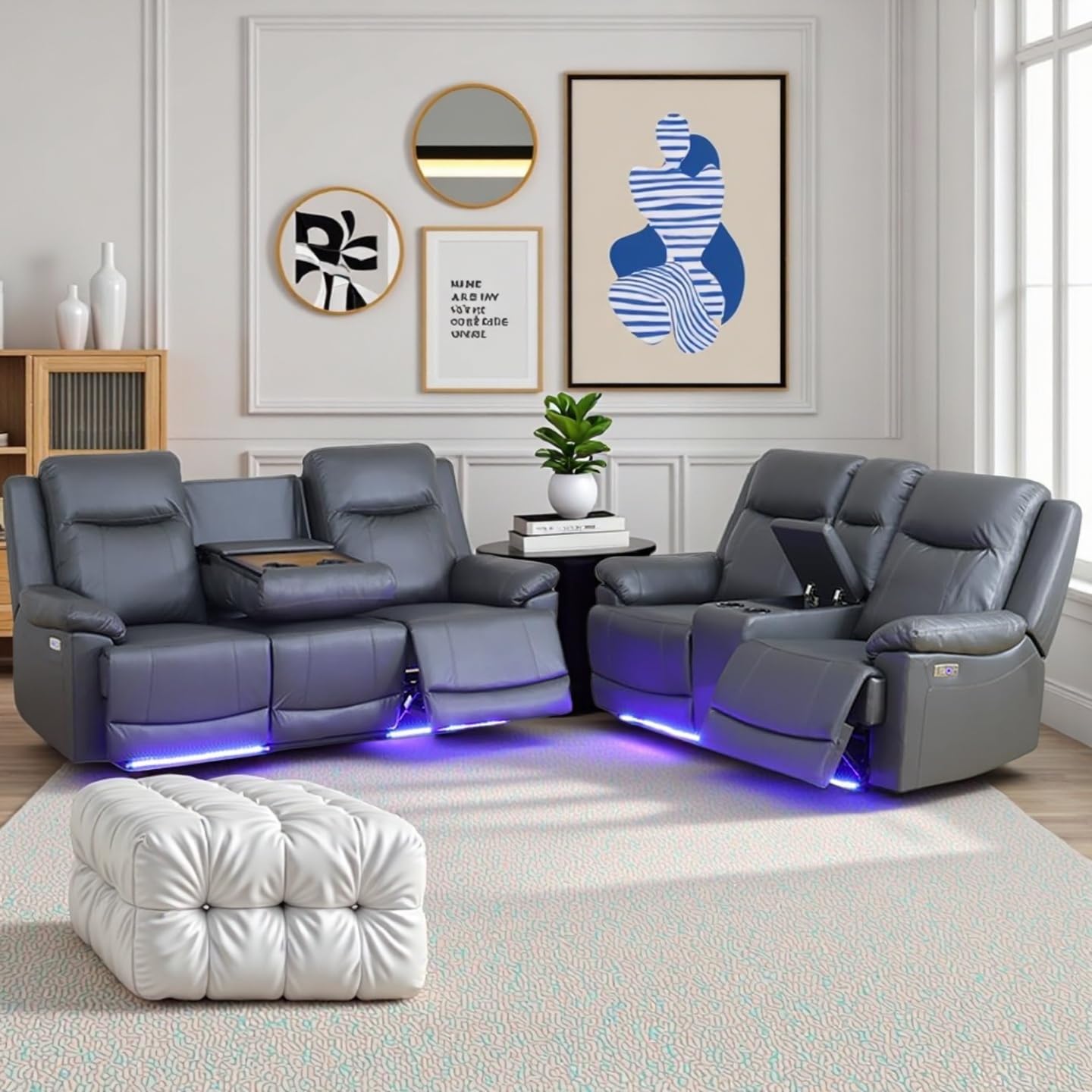 Air Leather Power Recliner Sofa Set with LED, Reclining Living Room Furniture Sets, Power Recliner Couch Set with USB Ports for House/Home Theater (