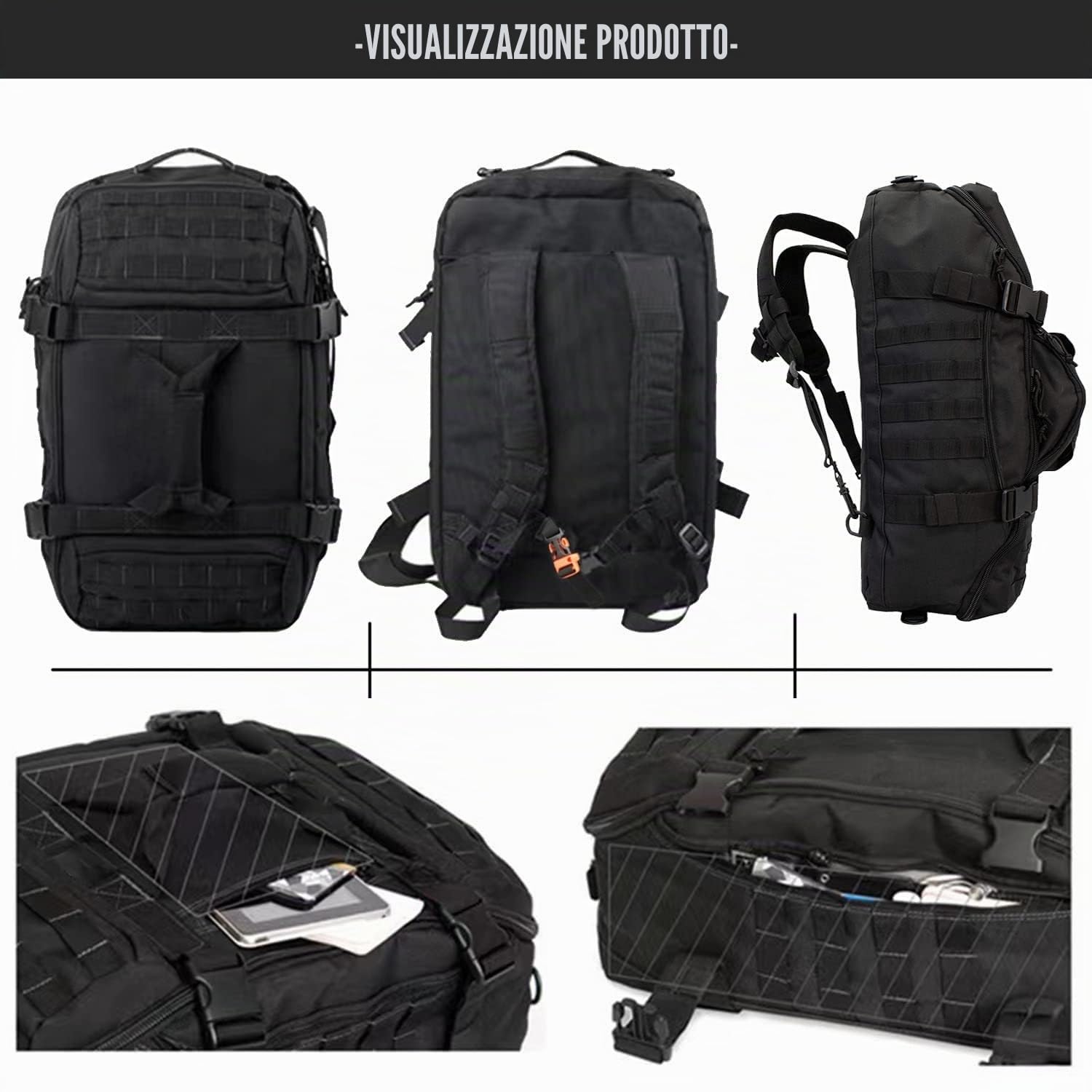 Miramrax Borsone da palestra – Borsa da viaggio per uomo e donna, borsa per allenamento militare, sport, pernottamento, basket, tattico, calcio, impermeabile e resistente agli strappi, nero, 45l,