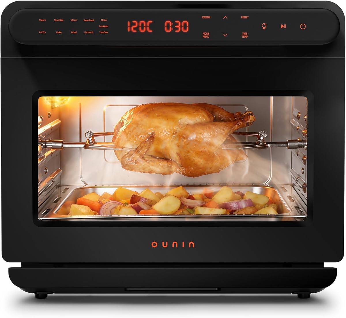 OUNIN Dampfbackofen 24L, 9-in-1 Backofen Freistehend, Platzsparendes, LED Display Backofen zum Dämpfen, Heißluftfrittieren, Toasten, Braten, Backen, Aufwärmen, Dörren und Fermentieren, Edelstahl
