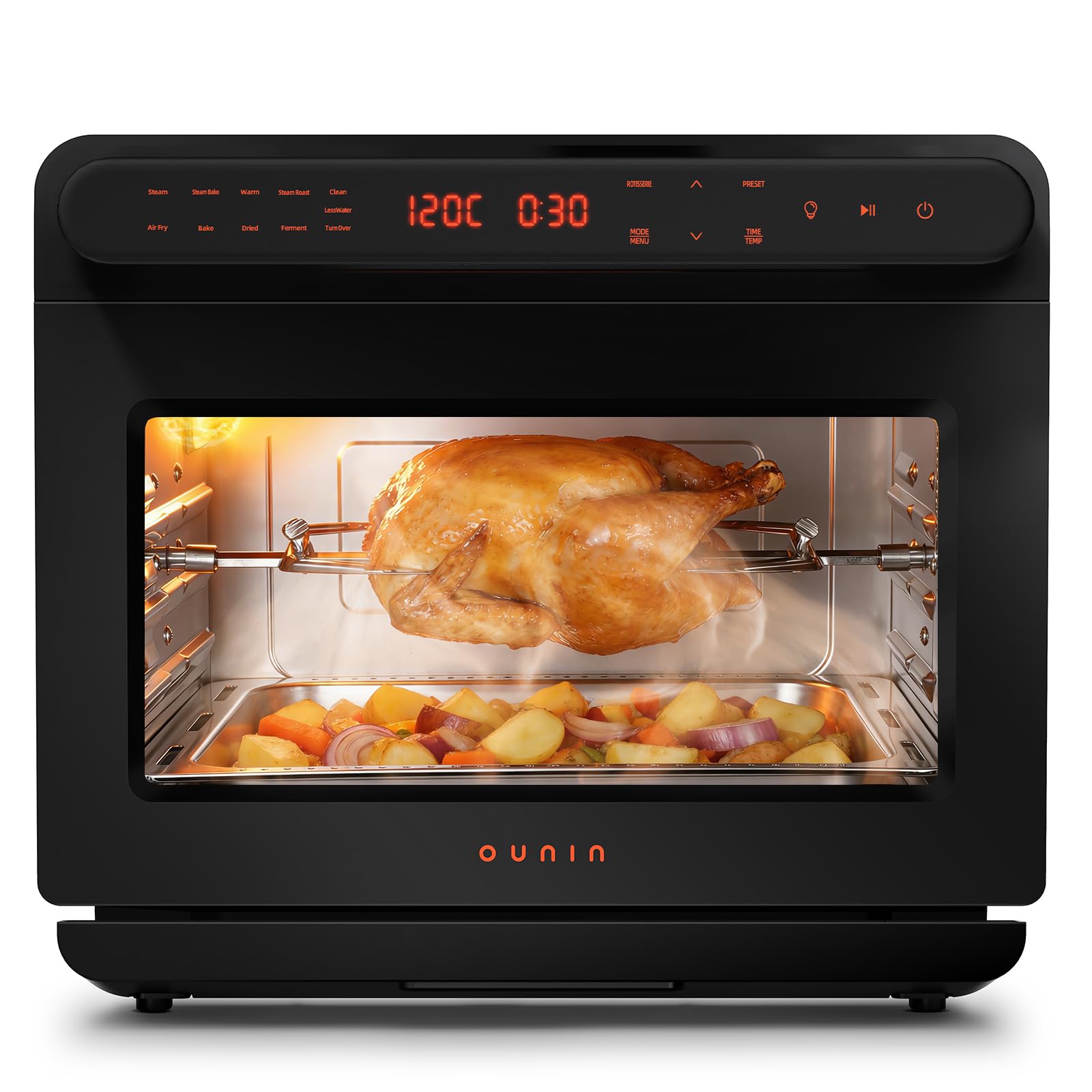 OUNIN 24L Forno Multifunzione, 11 in 1 Forno Pizza e Forno a Vapore, Cottura su Due Ripiani, Ventilazione 360°, 1600W, per Pizza, Lasagne, Arrosti, Pane, Frittura di Mare e Verdure al Vapore