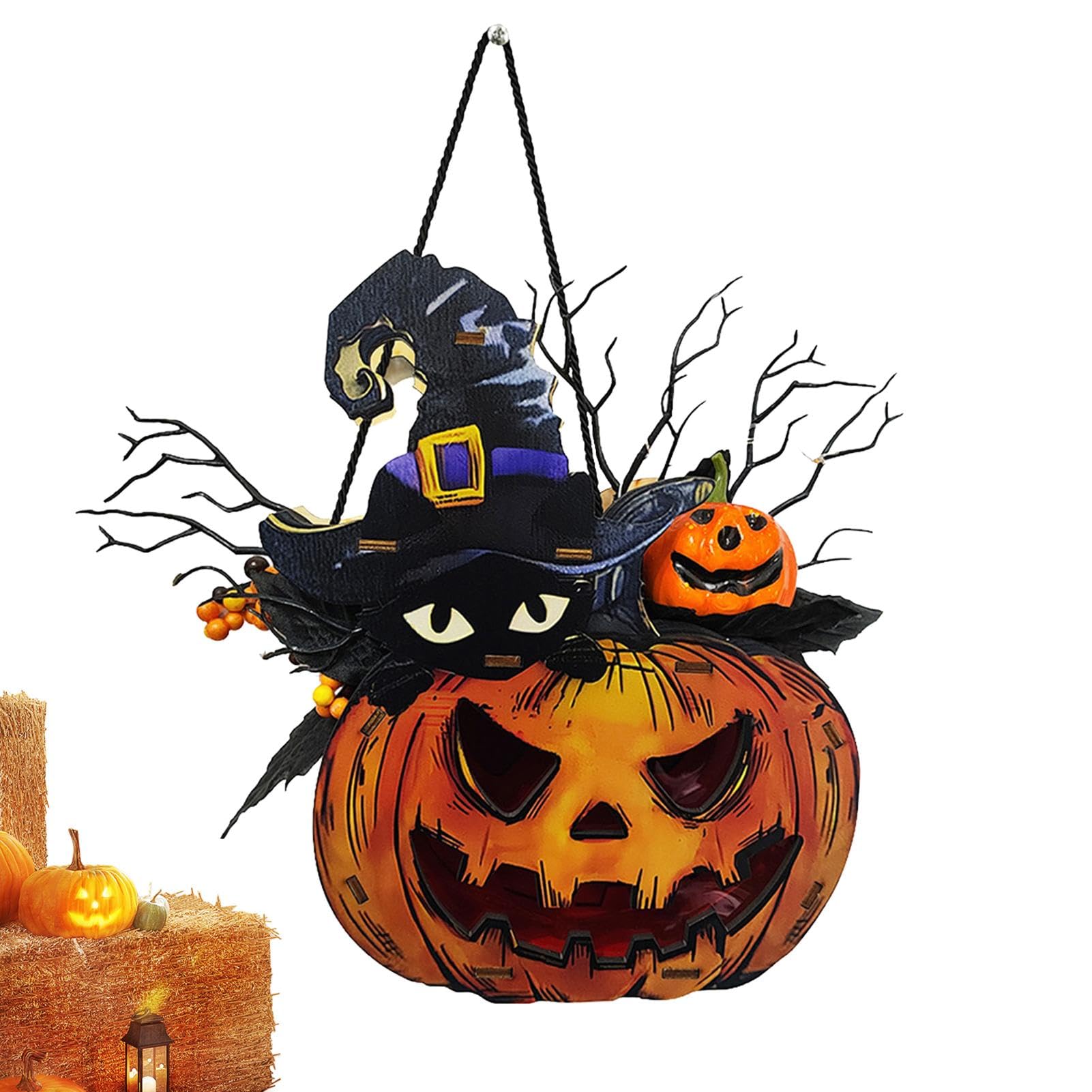 Décor de porche de citrouille artificielle lumineuse avec panneau de porte Halloween