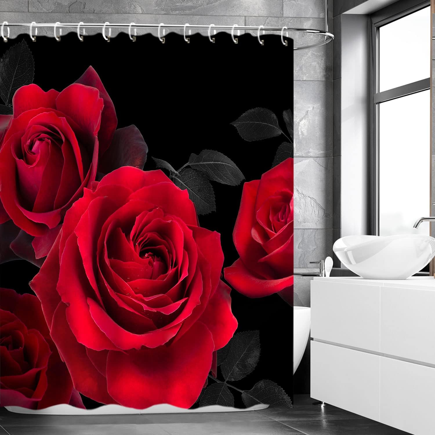 LIVILAN Red Shower Curtain for Bathroom Rose Shower Curtain Black and Red Shower Curtains Red Rose Shower Curtain with Hooks Black Floral Flower Decorative Pretty Valentine Gift, 72" W x 84" H