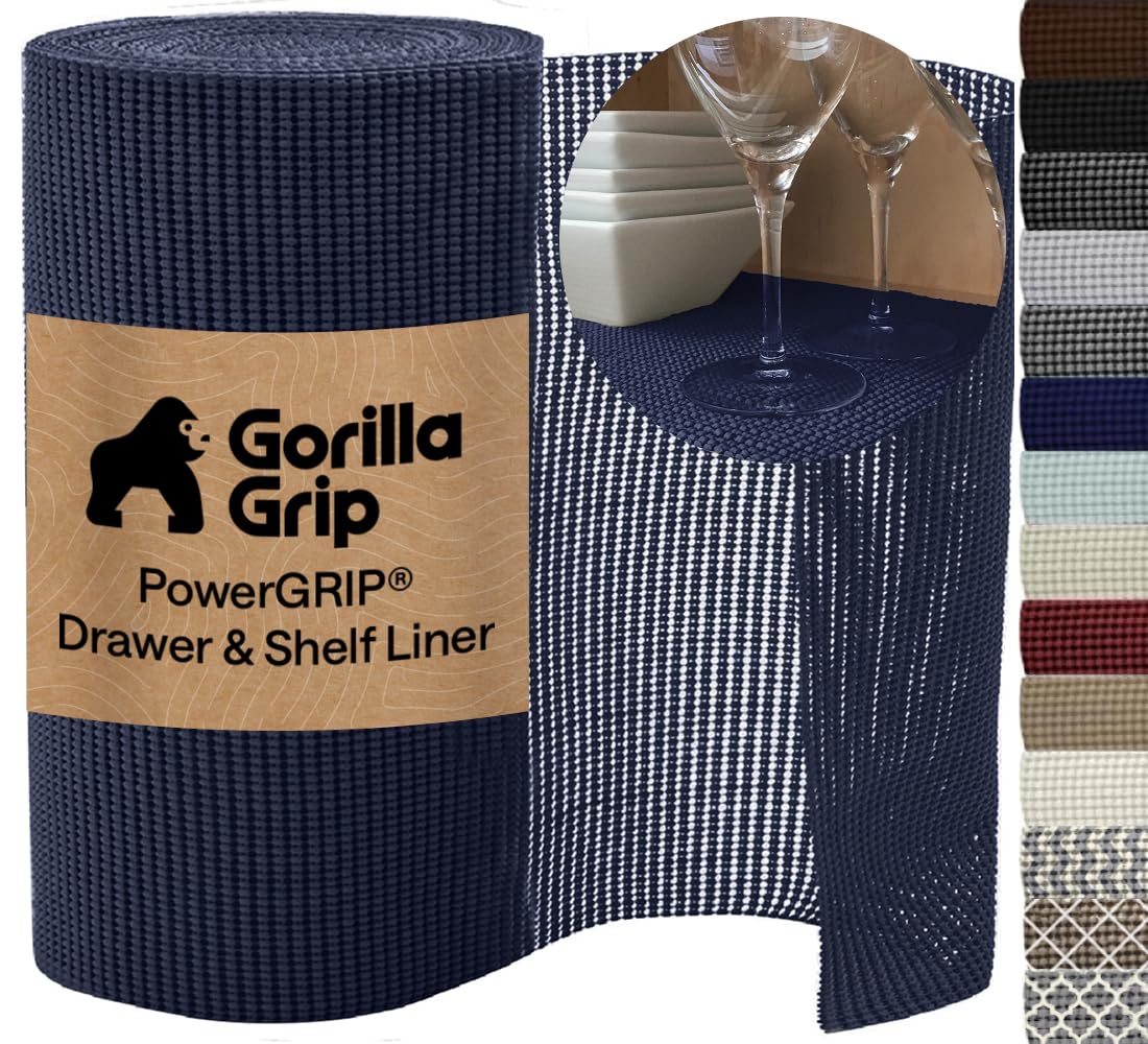 GORILLA GRIP powerGRIP Drawer Shelf and Cabinet Liner, Thick Strong Hold, Non-Adhesive Liners Protect Kitchen Cabinets and Cupboard, Bathroom Drawers, Easy Install, Breathable Mat, 20" x30', Navy Blue