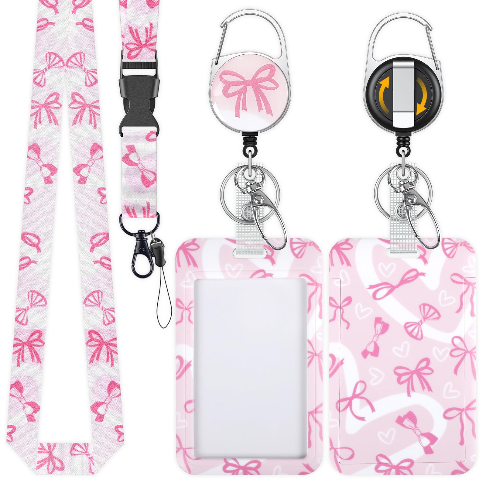 Uniclife Fashionable Sliding Badge Holder Bowknot Pattern Plastic Card Holder with Retractable Badge Reel Carabiner & Detachable Lanyard Vertical Card Protector for Office Worker Teacher Student โ image 1