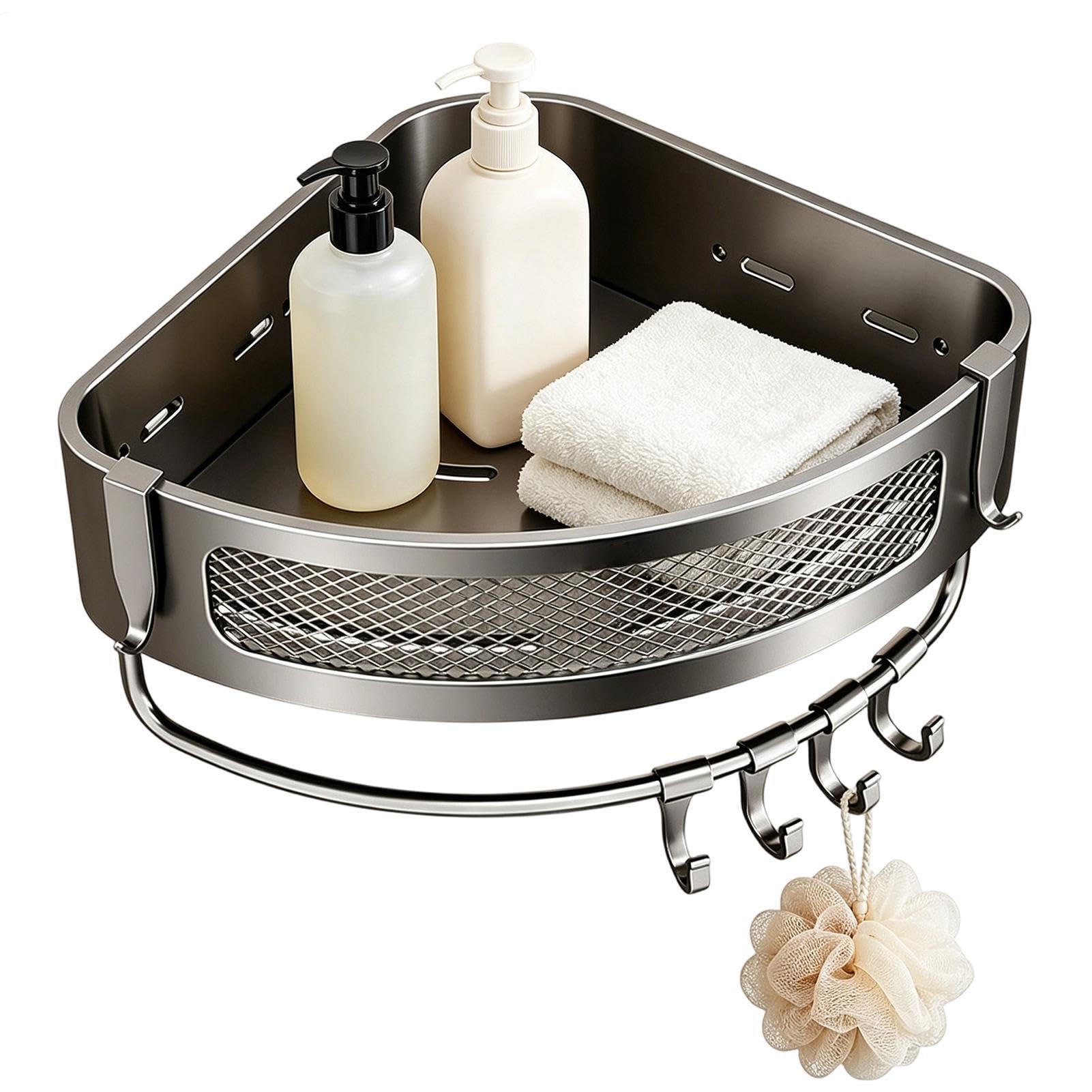 Étagère murale de salle de bain d'angle avec barre de serviette et crochets