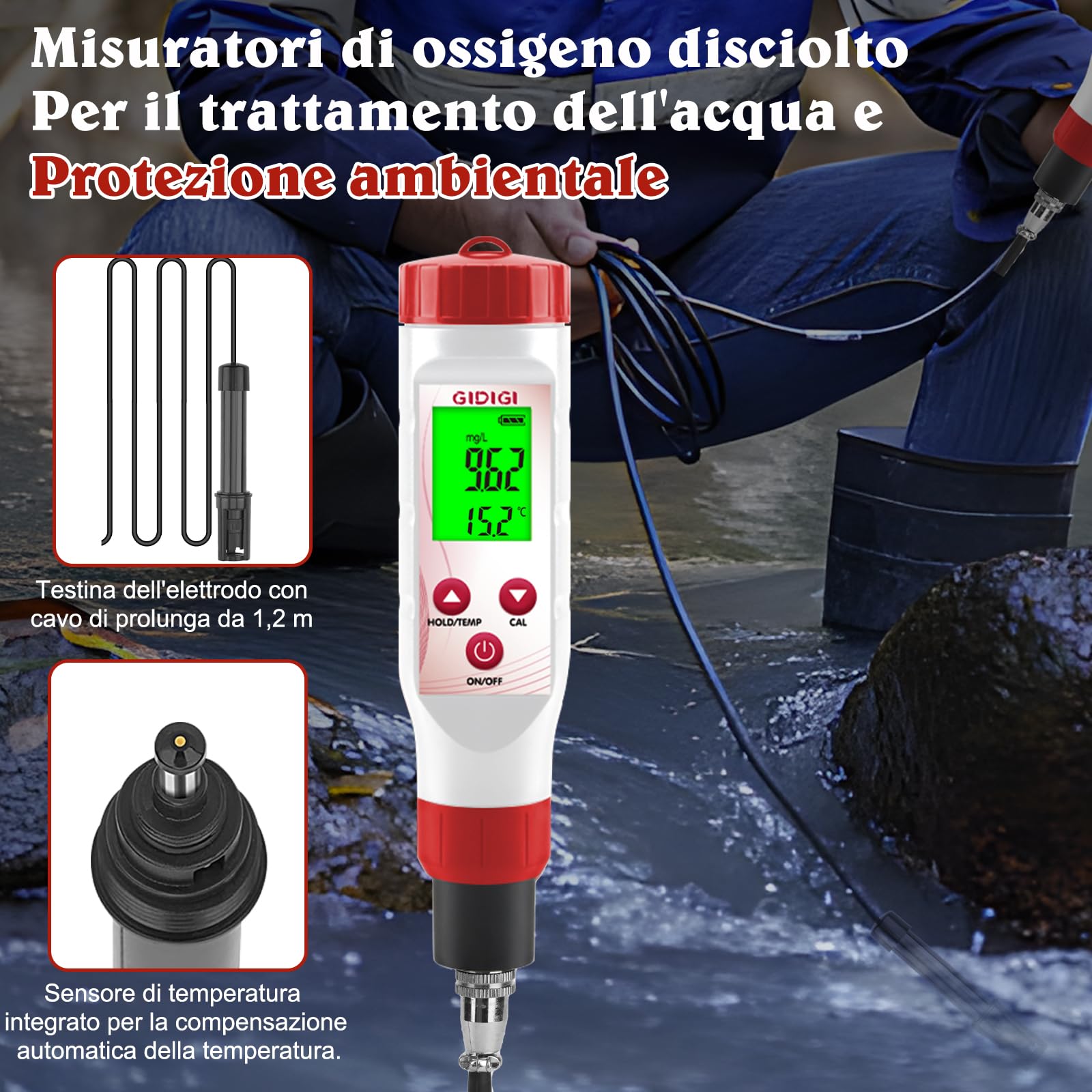 Misuratore di ossigeno disciolto per acqua, tester di ossigeno per laghetti, tester DO per acquari con acque reflue di laghetti, con più membrane, acqua priva di ossigeno, elettrolita, 0,0-40,0 mg/L
