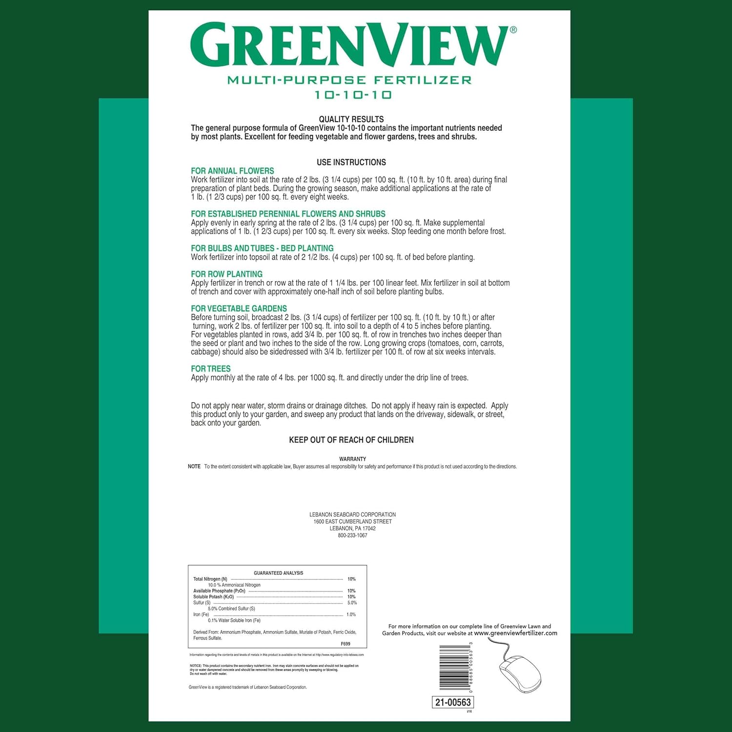 Lebanon Seaboard Corporation Green View No.40 10-10-10 All Purpose Fertilizer (21-30192)