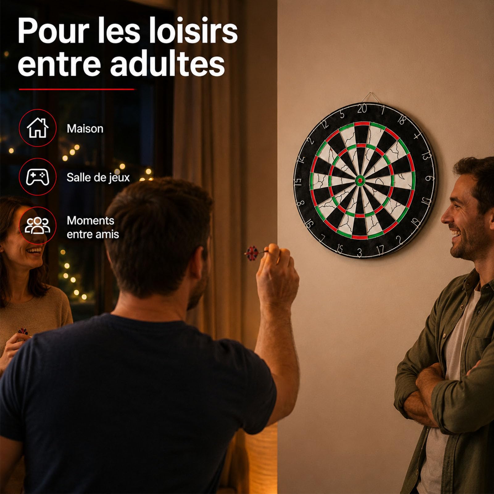 Cible de Fléchettes 45 cm, Jeu de Fléchettes avec 6 Fléchettes à Pointe en Acier, Double Face, Surface Floquée, 2,5 cm D'épaisseur, à Suspendre avec Crochet, pour Adultes, Salle de Jeux