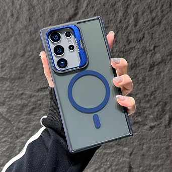 Magnetic Case for Samsung Galaxy S26 Ultra, Camera Lens Stand Kickstand, MagSafe Compatible, Military Grade Shockproof Frosted Semi-Transparent Protective Cover Blue