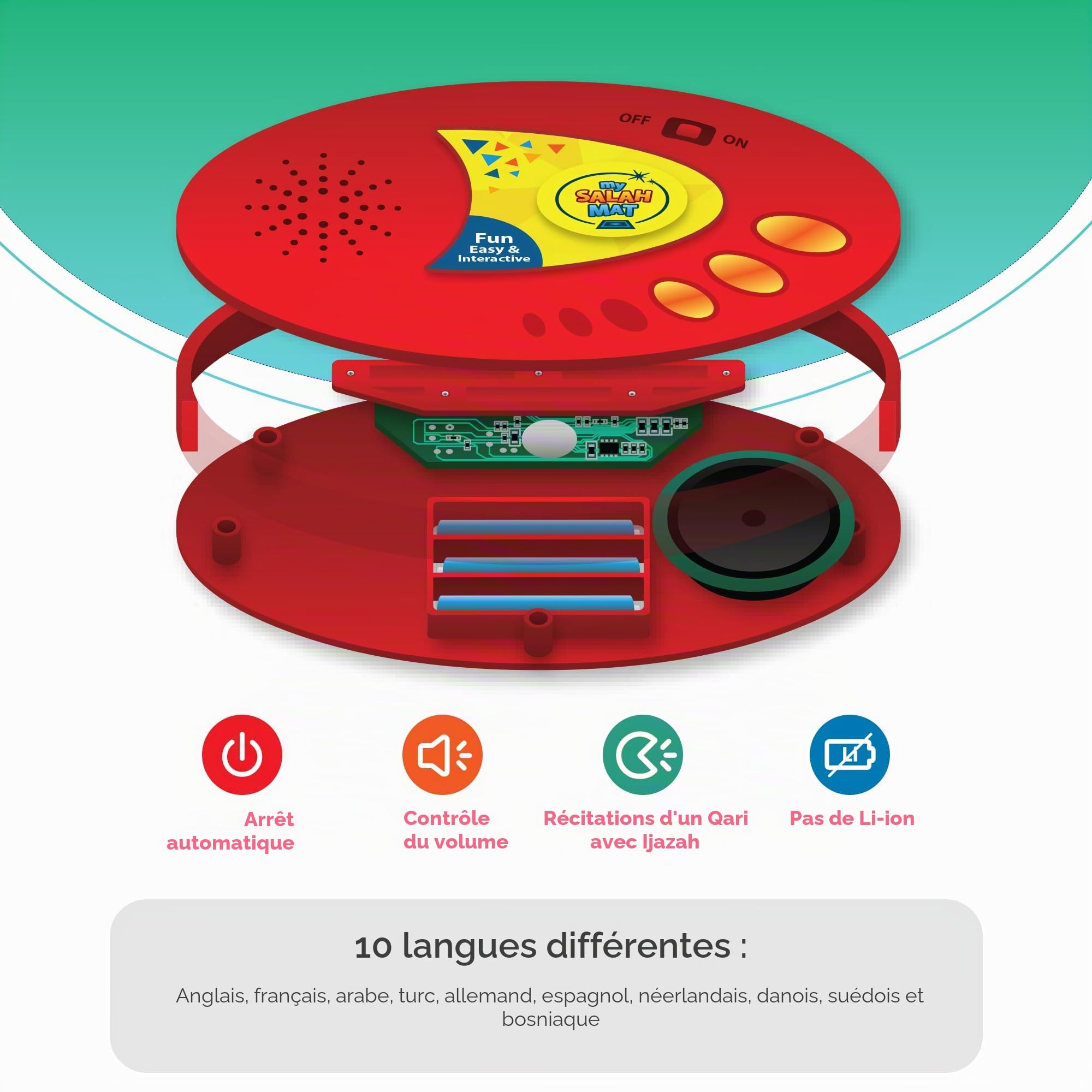 My Salah Mat Tapis de prière interactif Intelligent pour Apprendre la Salah, la sourate, Le wudu et Le duas – Tapis de prière Islamique avec 10 Langues, Traduction de Salah, 25 Touches tactiles et