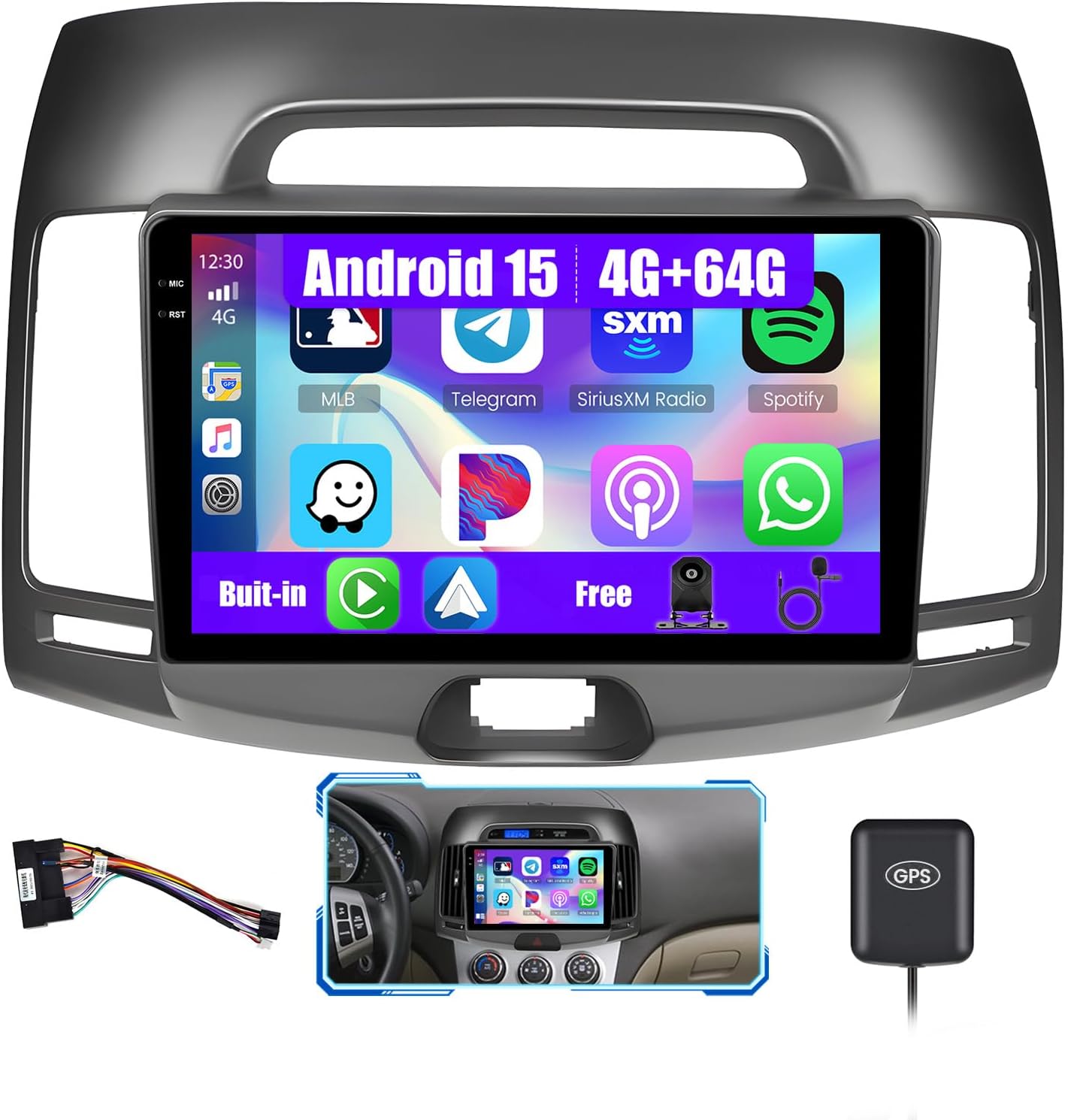 5Ghz WiFi 4G+64G Android 15 Car Radio for Hyundai Elantra 2007-2010 Car Stereo with Wireless Carplay Android Auto,5.0 Bluetooth,Build-in EQ,9inch IPS Touchscreen,GPS,FM/RDS SWC Backup Camera MIC