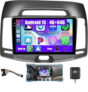 [4G+64G] Android 15 Car Stereo for Hyundai Elantra 2007-2010 with Wireless Carplay/Android Auto, 9 Inch HD Touch Screen Car Radio with GPS WiFi Bluetooth FM/RDS EQ SWC Backup Camera MIC