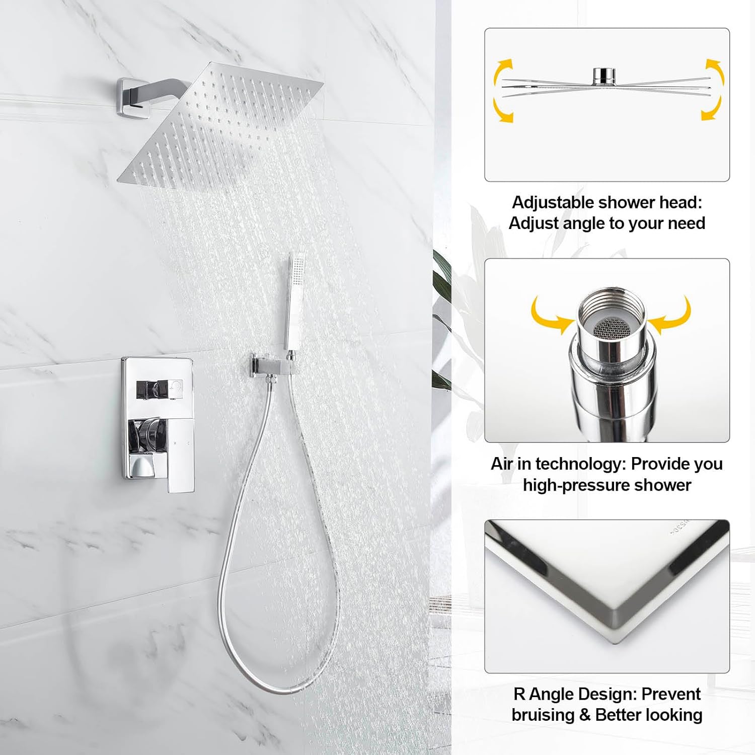 Rain Shower System with Handheld Shower, 10 Inch Wall Mounted Shower Faucet Set Bathroom Luxury Rain Mixer Shower Combo Set Rough-in Valve and Trim Kit, Chrome