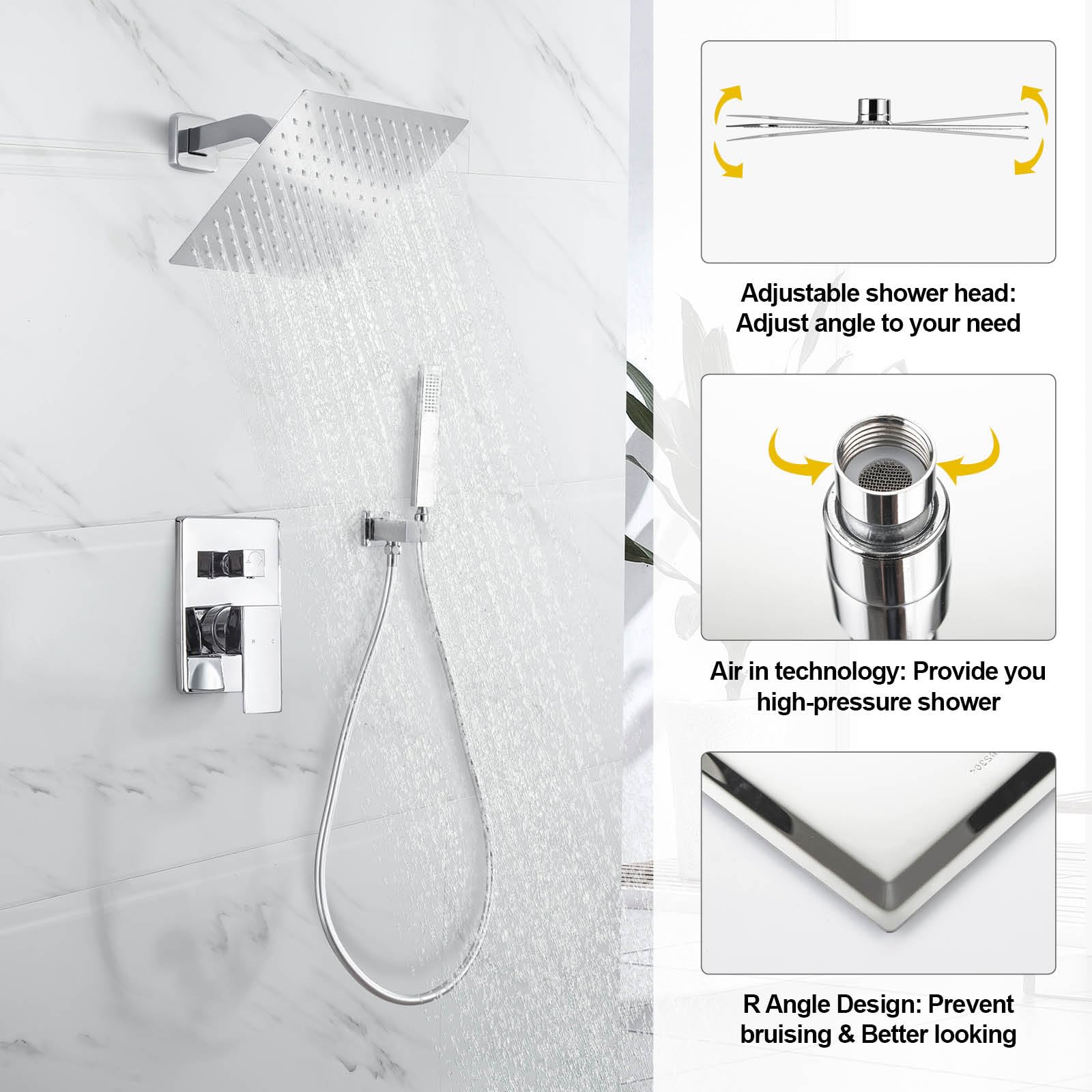 DEOLER Rainfall Shower System With Handheld - 10 Inch Square Rain Head, Pressure Balance Valve, Chrome Finish