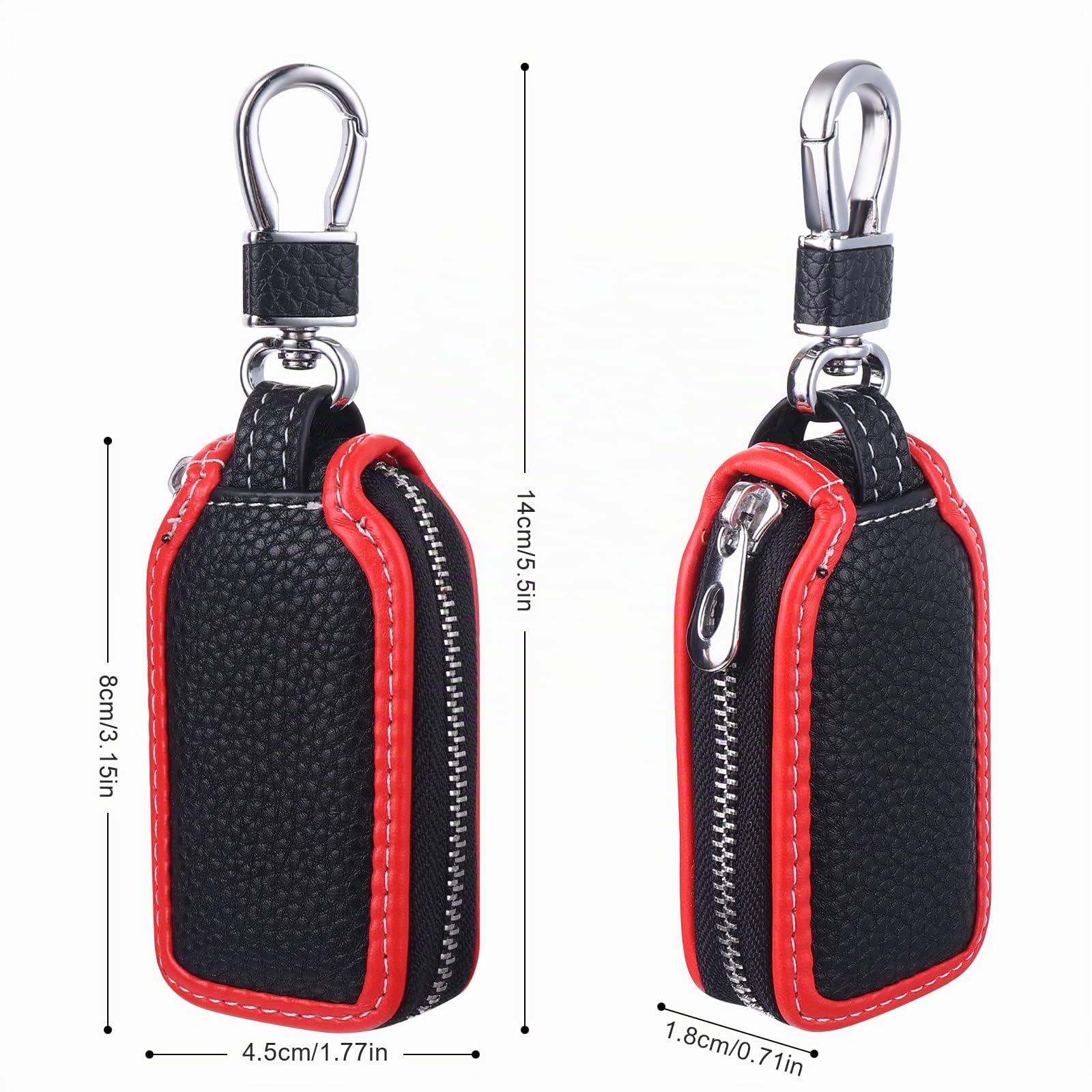 Prasacco Auto Schlüsselanhänger Tasche, Rindsleder Schlüsseletui Tragbares Autoschlüssel Tasche Autoschlüsselanhänger Schutzhülle mit Reißverschluss und Karabiner - 8 x 4,5 x 1,8 cm (Schwarz, Rot)
