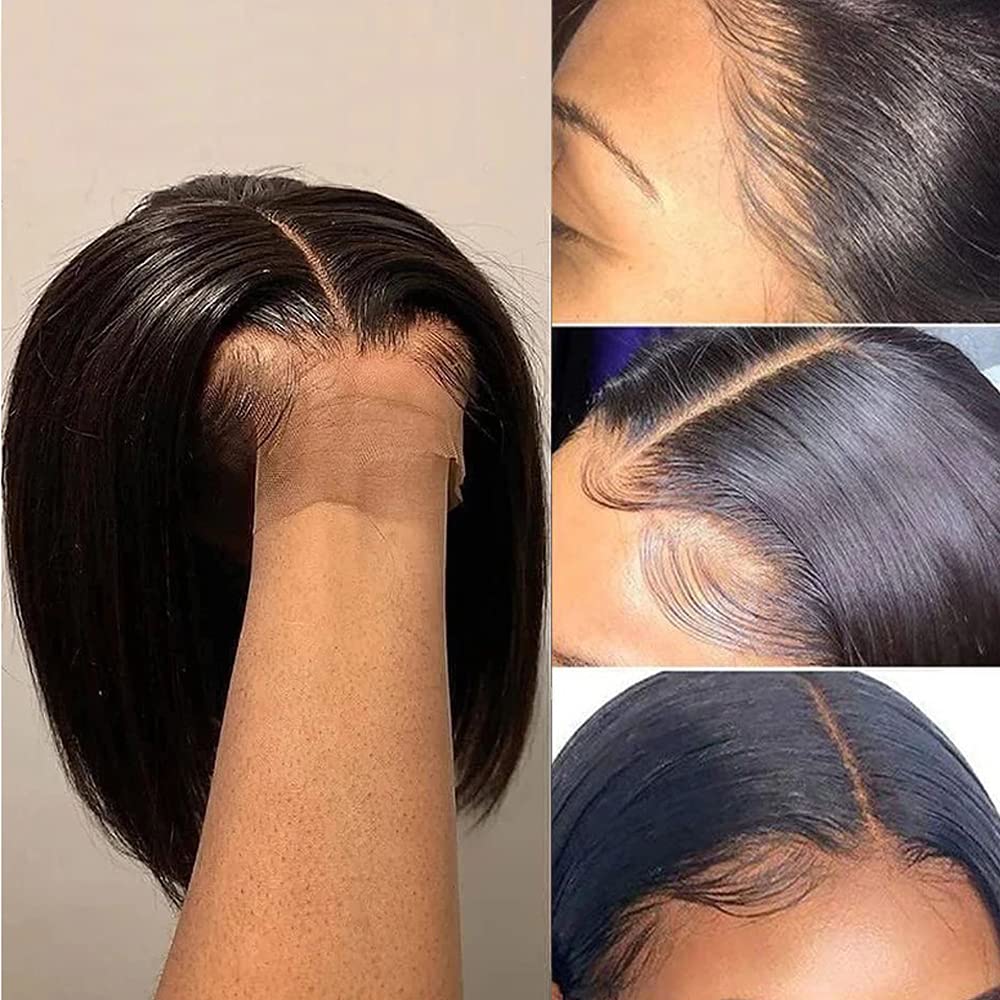 Hair Silky Straight Short Bob Human Hair Wig For Black Women 13x4 Transparent HD Lace Frontal Wig Natural Hairline With Baby Hair Pre Plucked Brazilian Remy Virgin Hair Bleached Knots 150% Density 10Inch