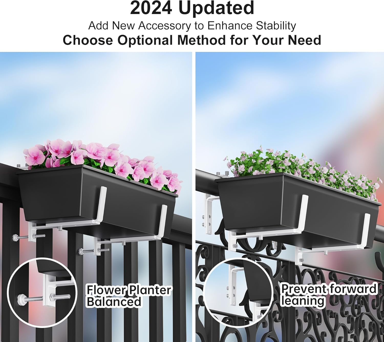 Y&M 6 Pcs Deck Railing Adjustable Planter Box Brackets (6 to 12.5 in), Universal Heavy Duty Iron Flower Box Brackets Wall Mounting Hooks for Fences, Patio, and Garden - White (Patent Registered)