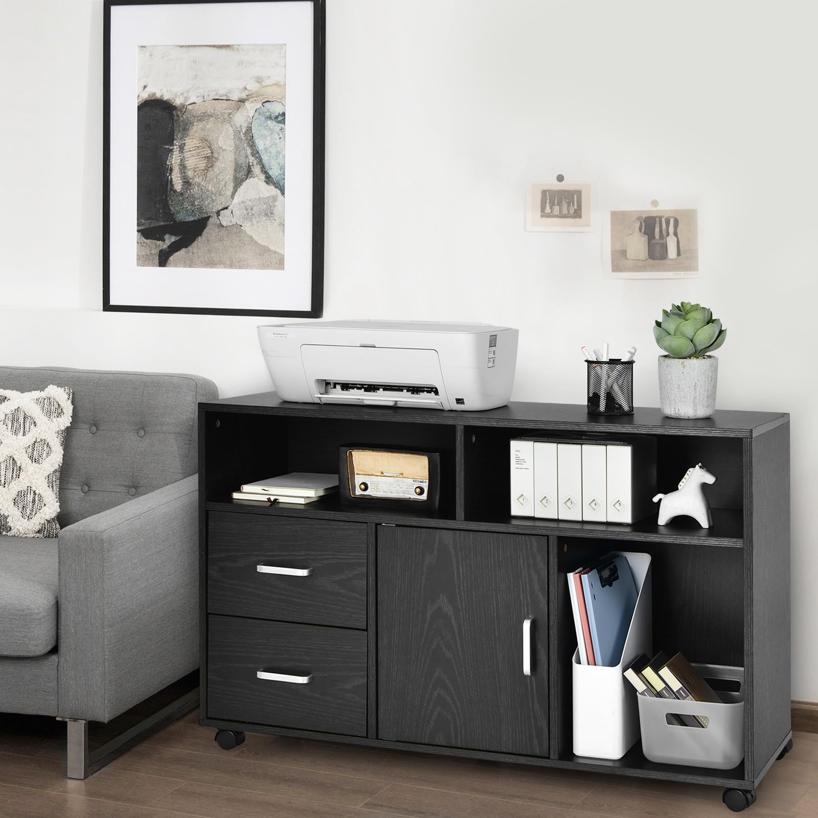 KOMFOTTEU Armadietto Portadocumenti con 5 Ruote, Schedario da Ufficio con 2 Cassetti, Armadio con Anta e 3 Scomparti, Cassettiera Scrivania per Stampante per Studio, Soggiorno, 104 x 35 x 65,5cm, Nero