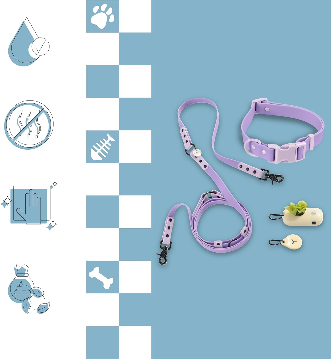 WLK1006H-5SET Luna Large 8FT Adjustable 6-in-1 Waterproof Hands-Free Leash and Collar with LED Flashlight, Bag Dispenser, and Poop Bag Holder, Bramble