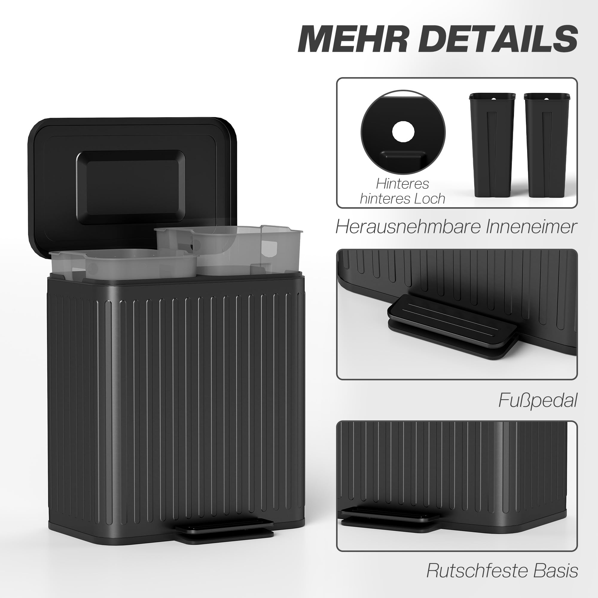 HOMCOM Mülleimer Küche Treteimer mit Müllbeutel 2 x 20 Liter Schwarz | Abfallsortiersystem, Soft-Close-Deckel, Offenhaltefunktion, Pedal, Herausnehmbarer Inneneimer
