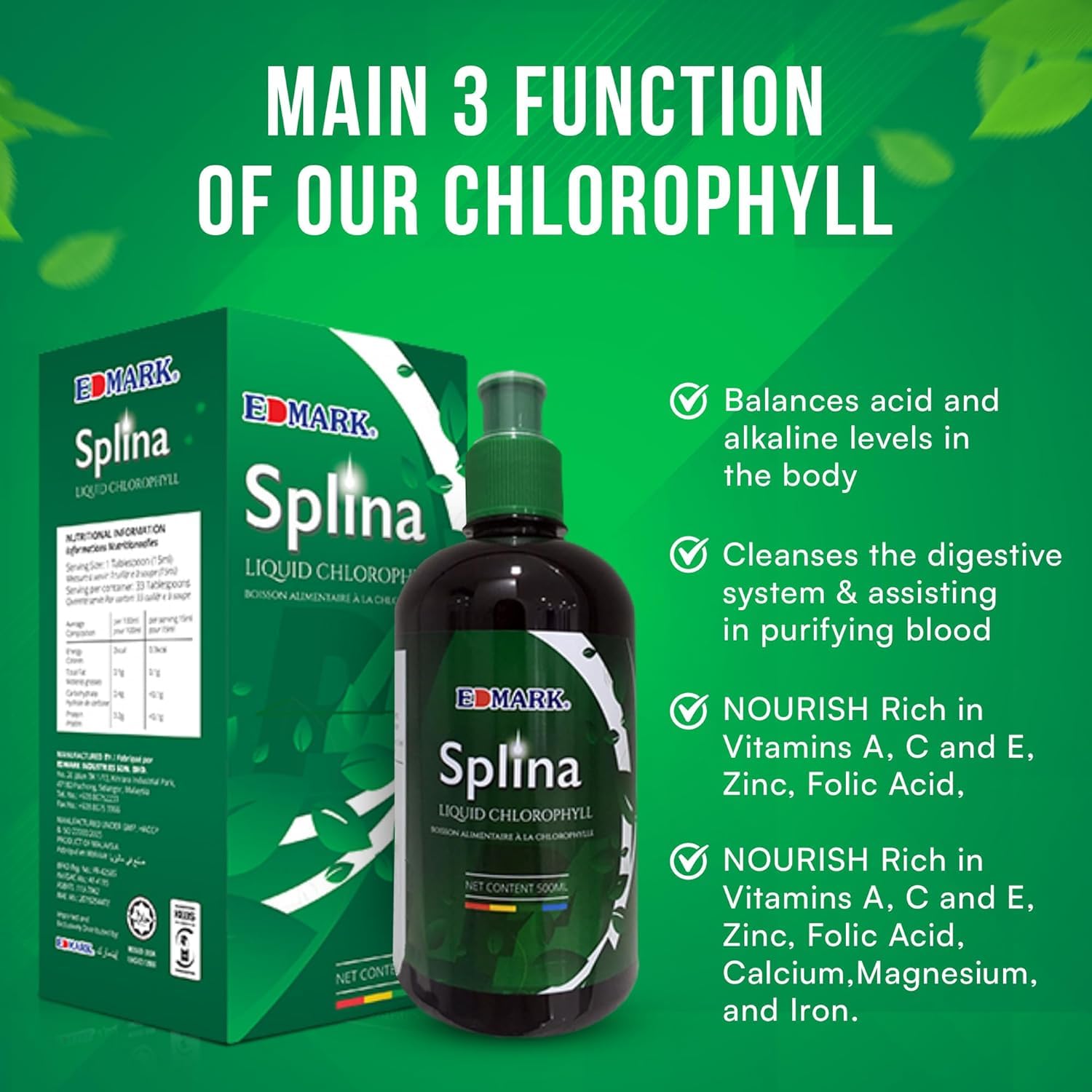 EDMARK Splina Chlorophylle liquide 500 ml – Équilibrant, nettoyant, nourrissant, rajeunissant – Vert