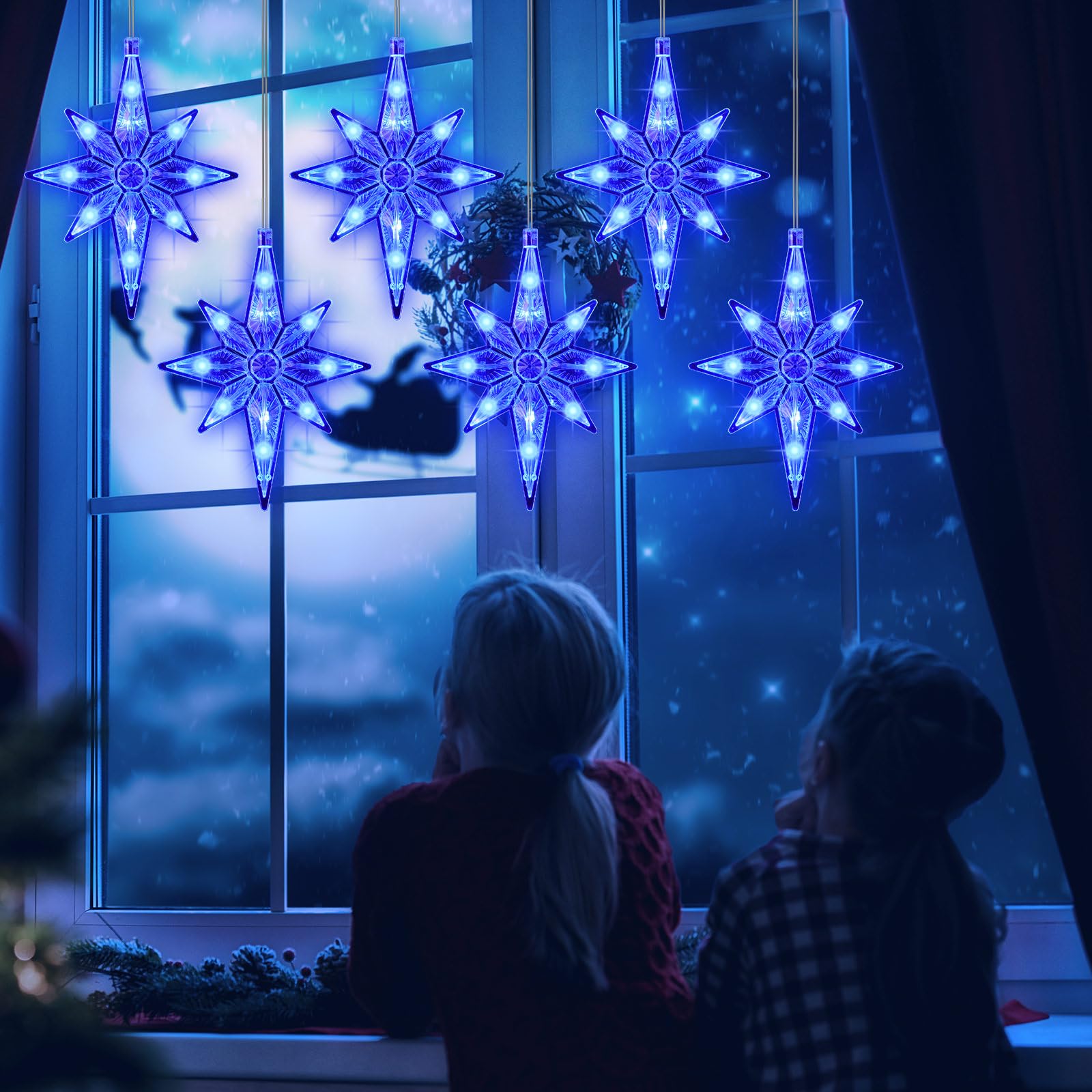 Baquler Betlejem Boże Narodzenie, okno, gwiazdy, dekoracja, Betlejem, Boże Narodzenie, sylwetka, wiszące lampy okienne z przyssawkami, do dekoracji bożonarodzeniowej, 12 szt. (niebieskie światło)