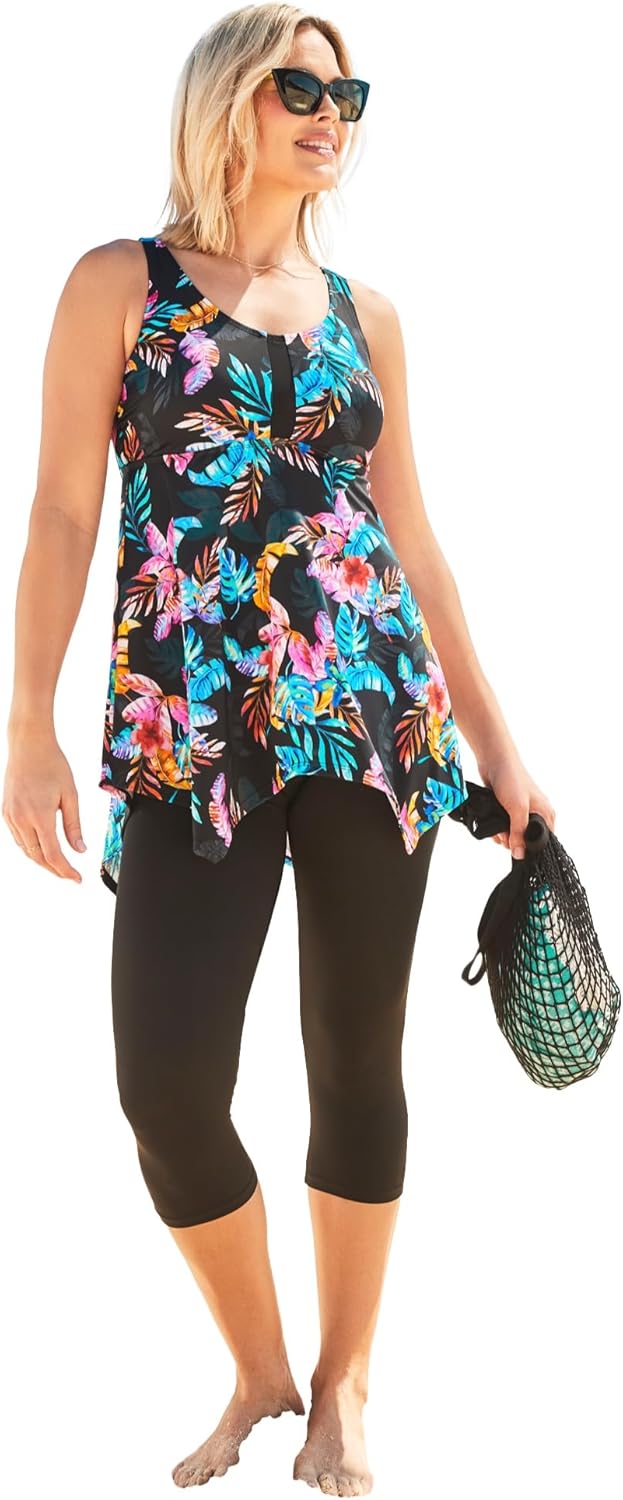 Swimsuits For All Swim 365 Women's Plus Size Longer-Length Handkerchief Hem Tankini Top