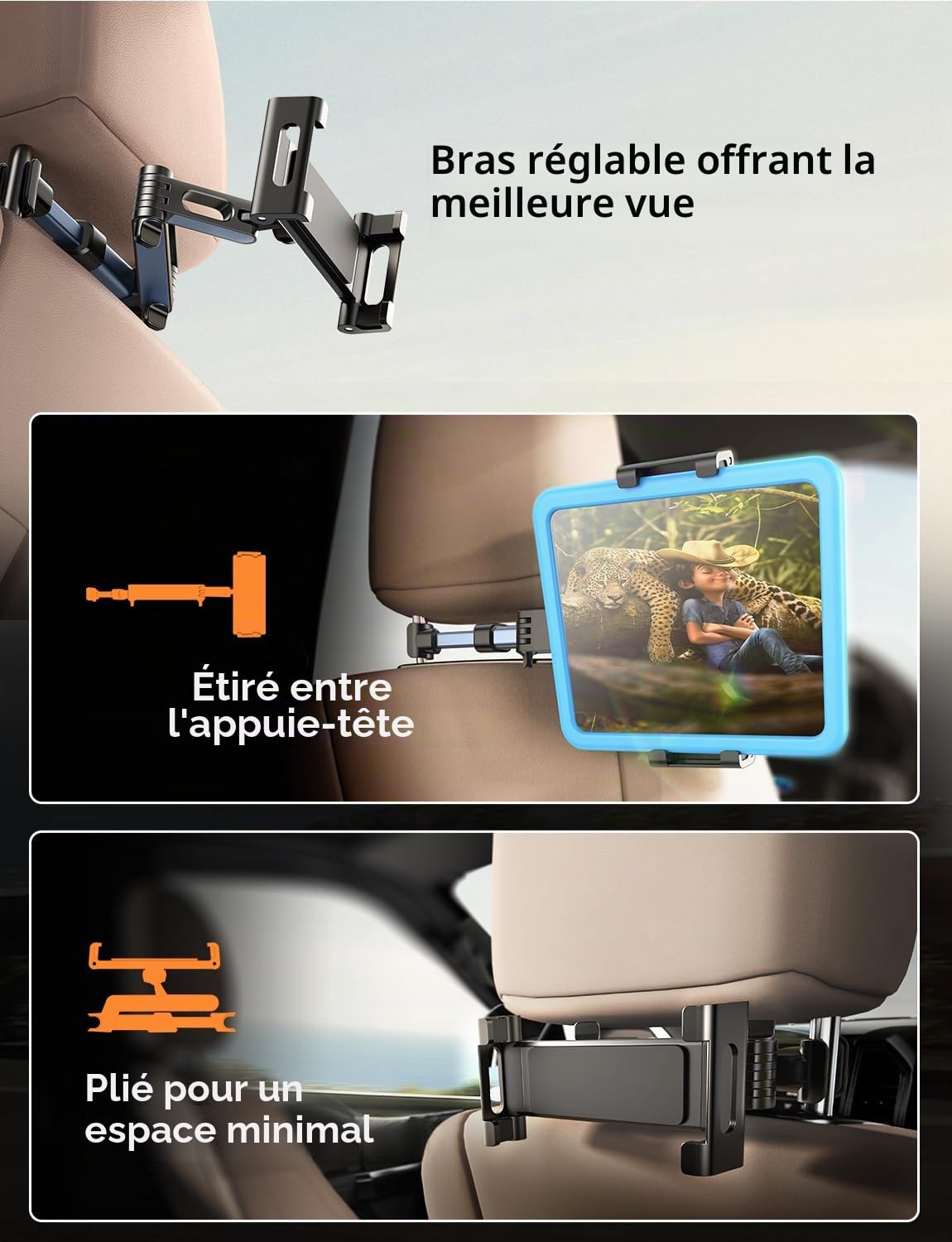 LISEN Support de tablette pour iPad, appuie-tête de voiture, stable, extensible, rotatif à 360°, organiseur de voyage pour iPad Air Pro/Kindle/Switch 4,7-11,9", noir foncé