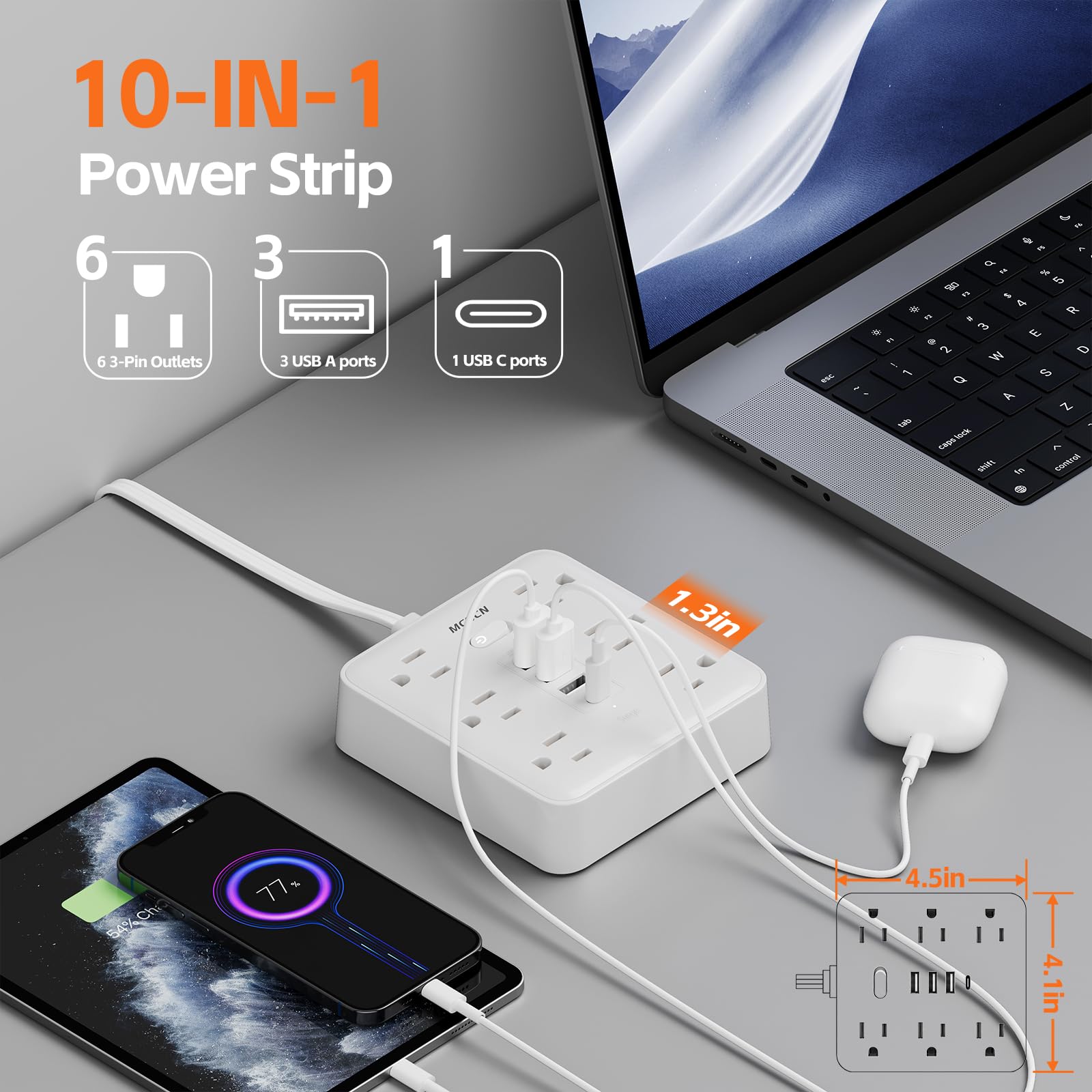 Stromleiste mit Überspannungsschutz (900J) – MCSCN – 6 Steckdosen mit 4 USB (1C) – 15 A / 1875 W – Verlängerung – ultradünner Stecker und Kabel – UL-zertifiziert – für Heimgebrauch und Computer