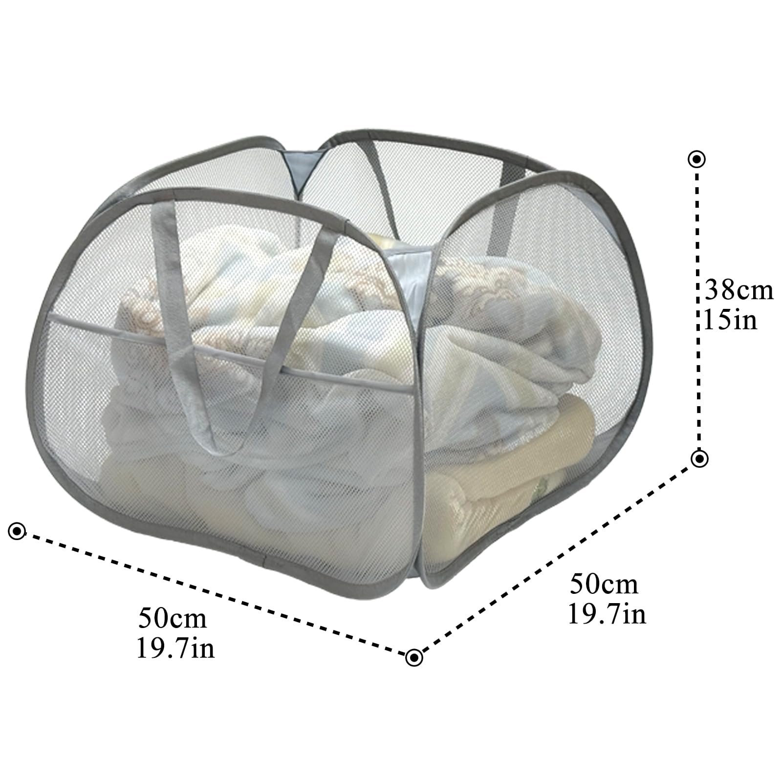 Collapsible Pop-Up Mesh Laundry Hamper Basket, 90L Large Square with Wide Opening, Sturdy Handles & Side Pocket, Foldable, Breathable, Space-Saving for Laundry, Storage, Camping, Travel (Gray)