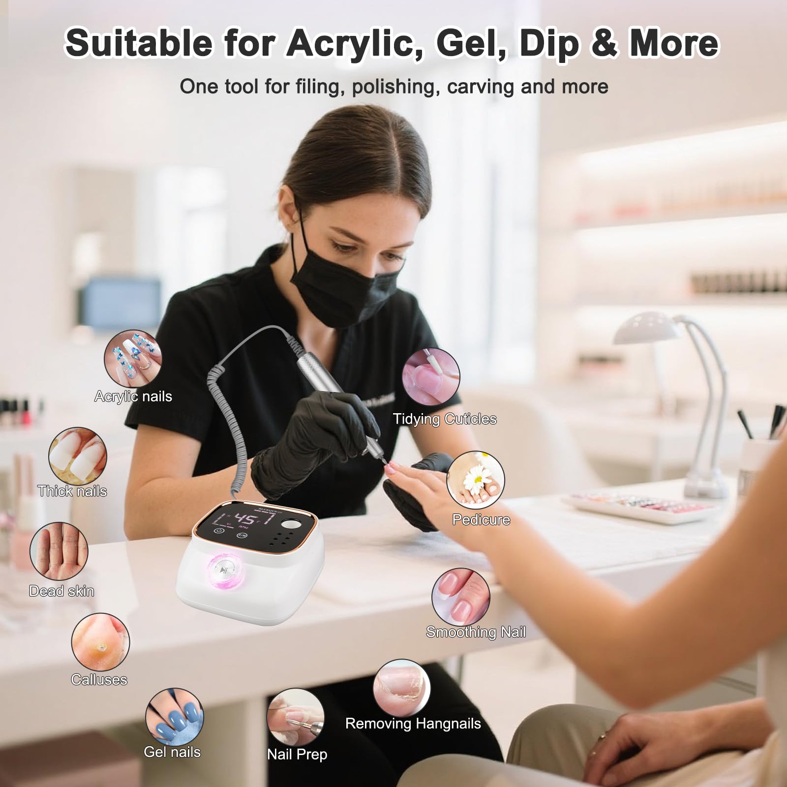 Electric Nail Drill 45000RPM, Nail Files for Acrylic and Gel Nails 13 in 1 Electric Nail File Kit - Image 4